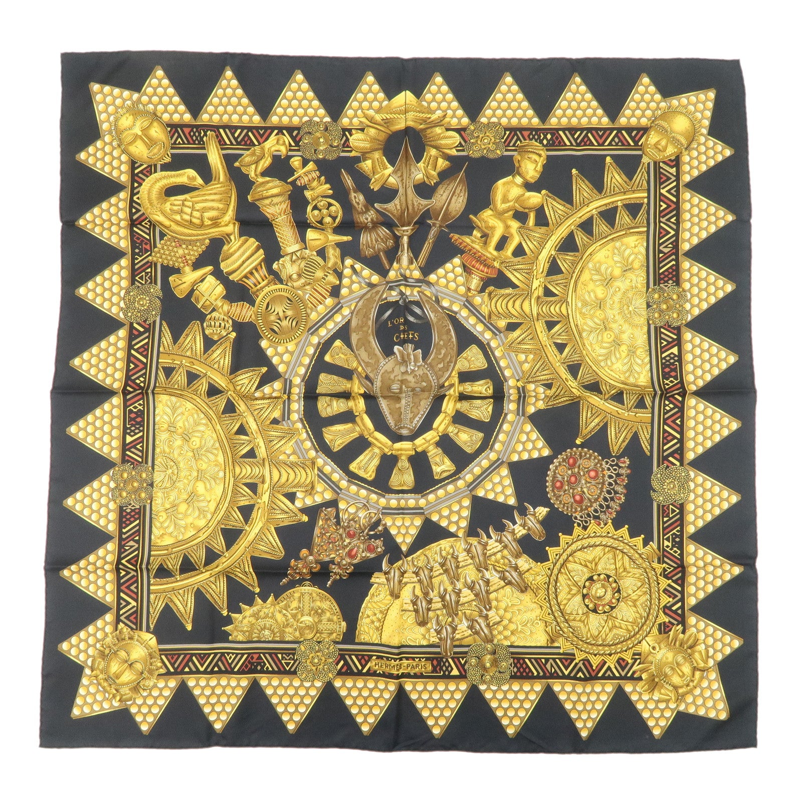 HERMES Carre 90 Silk 100% Scarf  L'OR DES CHEFS Black Yellow
