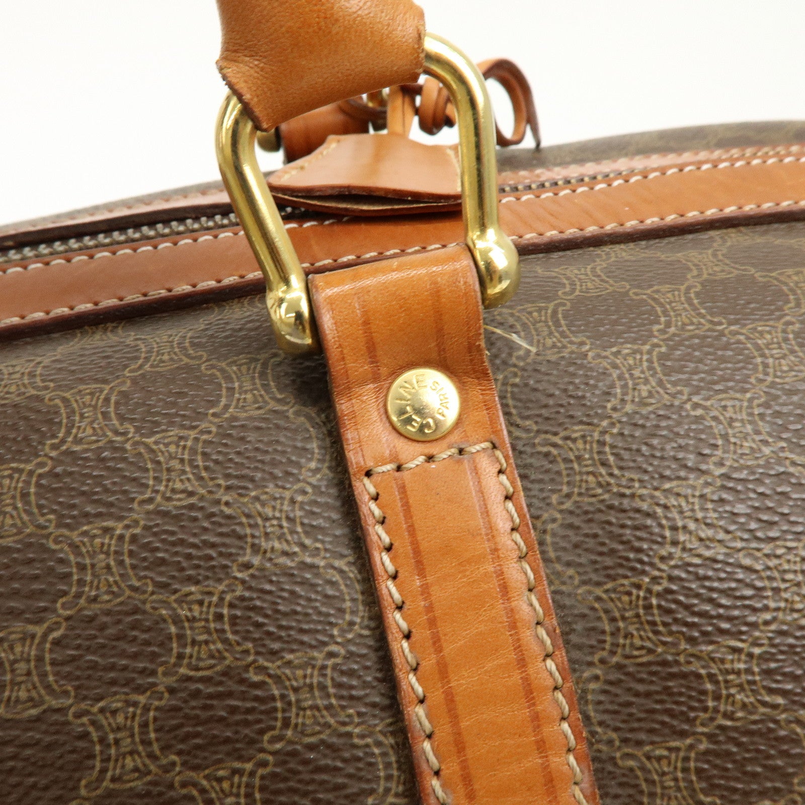 CELINE Macadam PVC Coated Canvas Leather Boston Bag Hand Bag Brown
