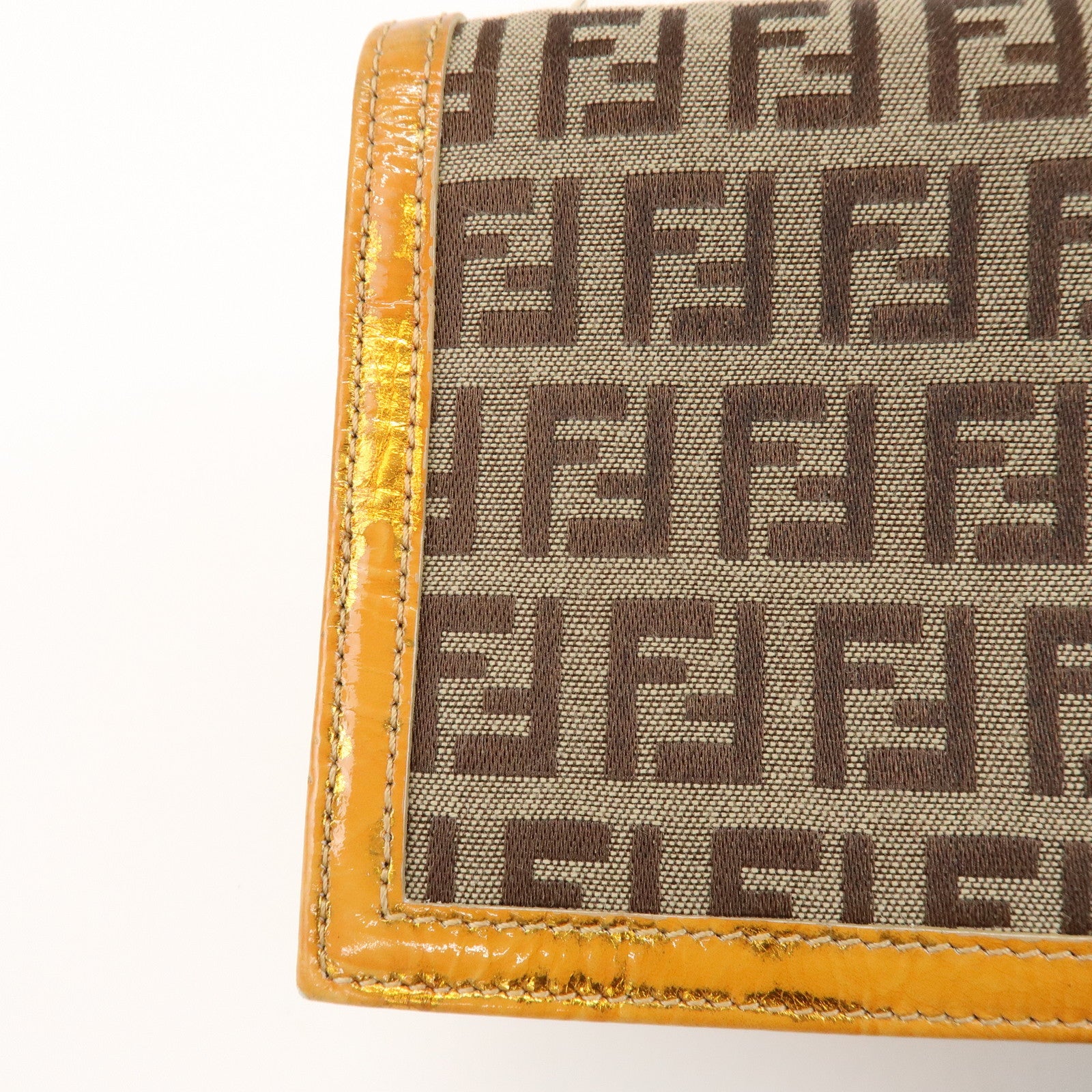 FENDI Zucchino Canvas Leather Chain Long Wallet Brown Gold 8M0219