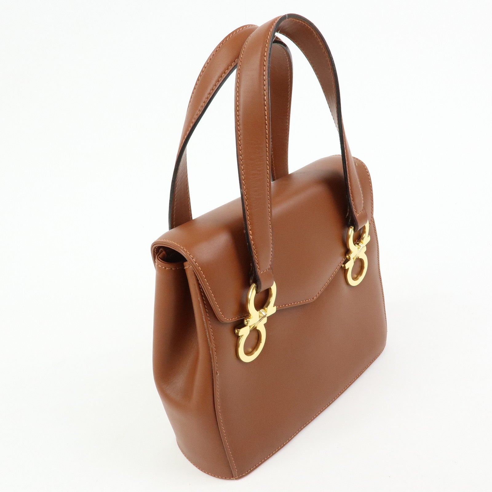 Ferragamo Gancini Leather 2Way Bag Hand Bag Shoulder Bag Brown