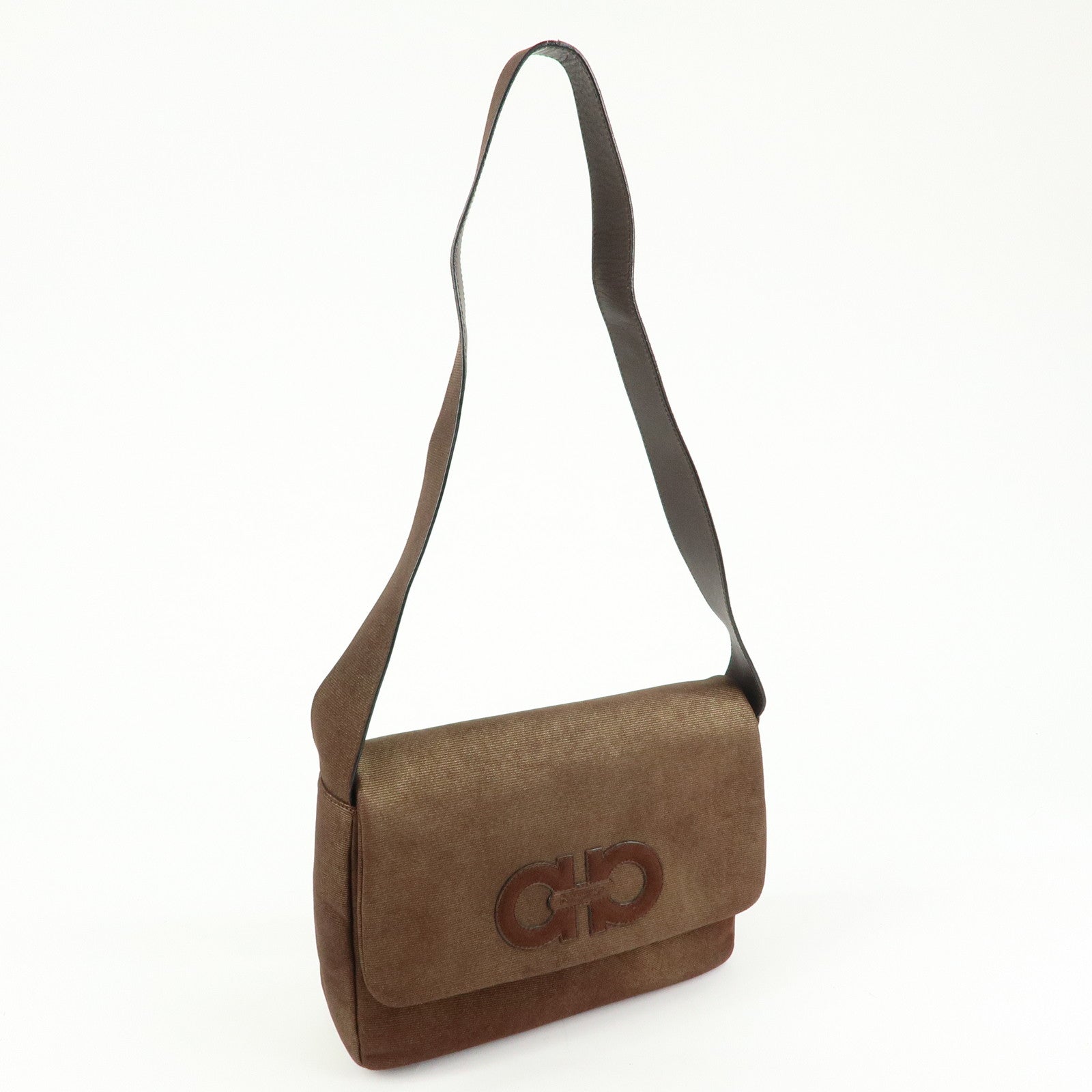 Ferragamo Logo Gancini Canvas Leather Shoulder Bag Brown