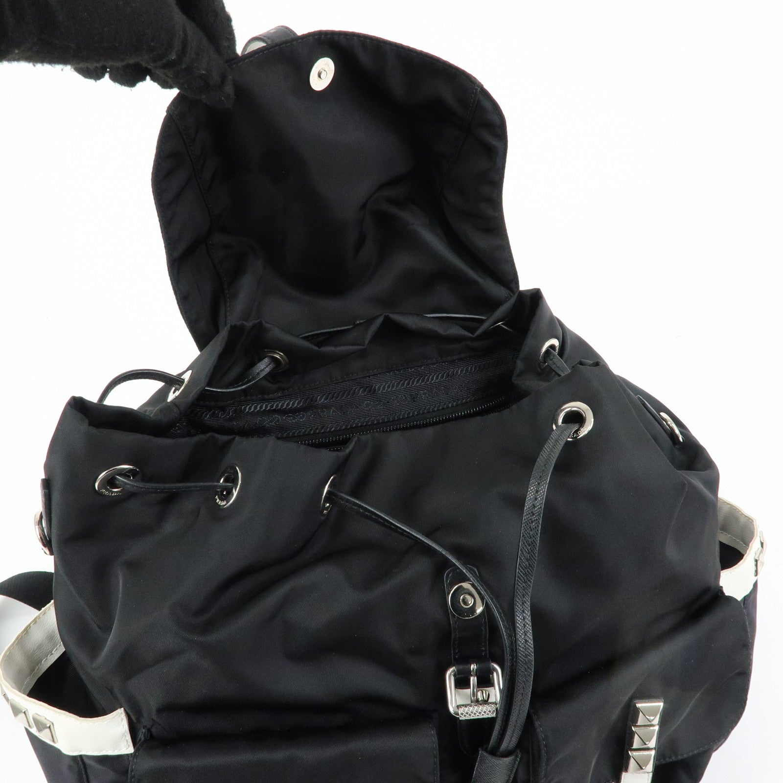 PRADA Triangle Logo Nylon Studs Backpack Rucksack Black 1BZ811