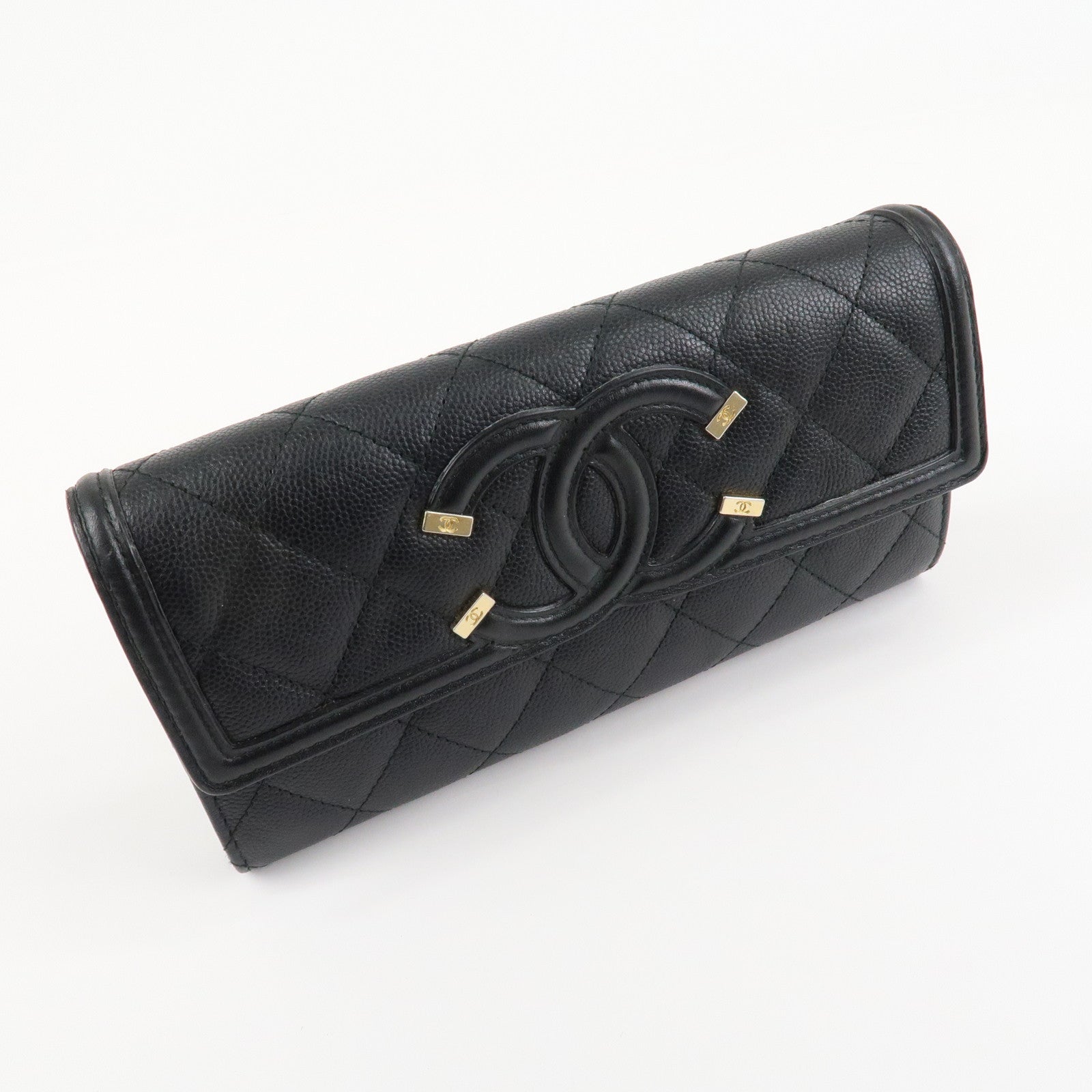 CHANEL Matelasse Caviar Skin CC Filigree Long Wallet Black A84448 Used