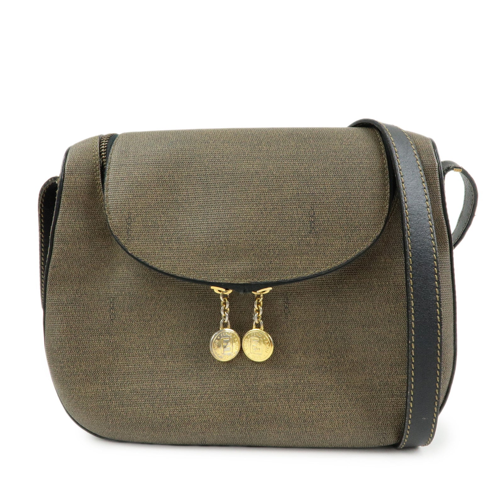 FENDI PVC Canvas Leather Shoulder Bag Crossbody Bag Brown 25933