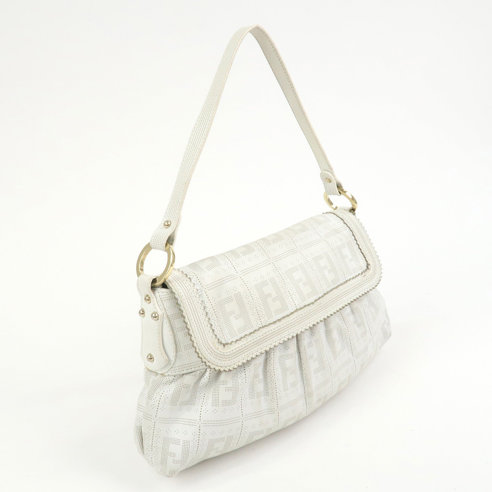 FENDI Zucca Logo Leather Shoulder Bag Hand Bag White 8BR445