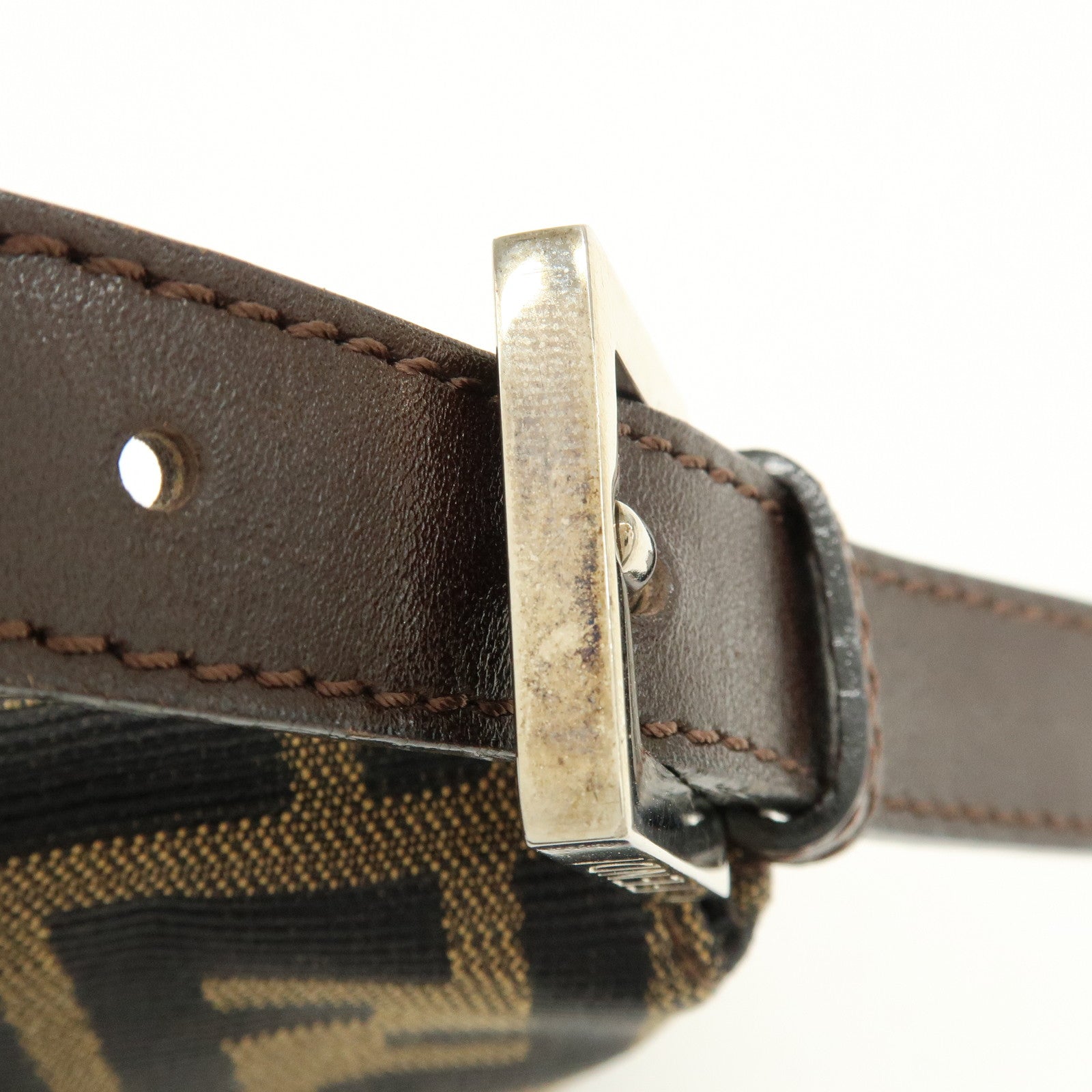 FENDI Mamma Baguette Zucca Canvas Leather Shoulder Bag Brown 8BR000