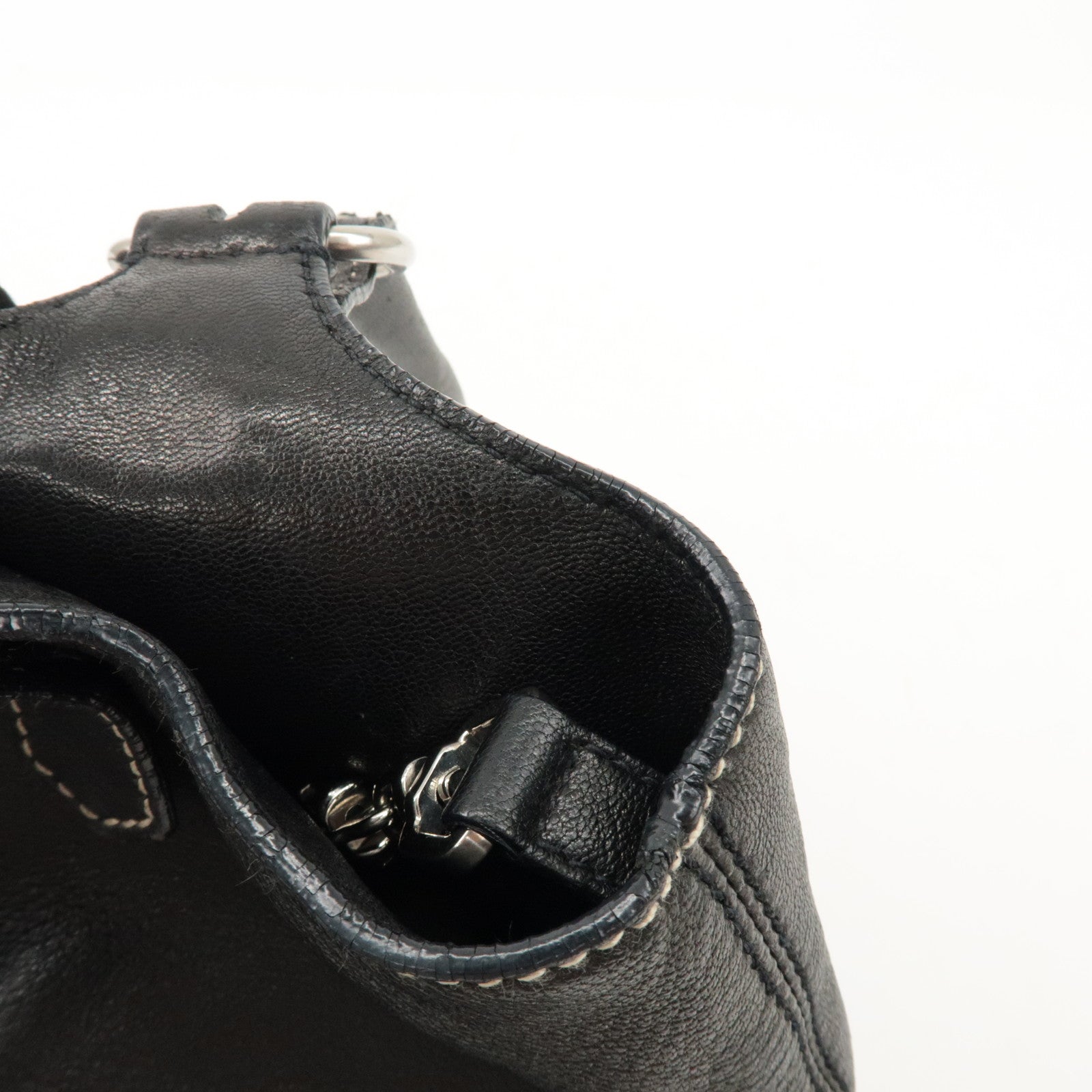 PRADA Triangle Logo Leather Tote Bag Hand Bag Black Used