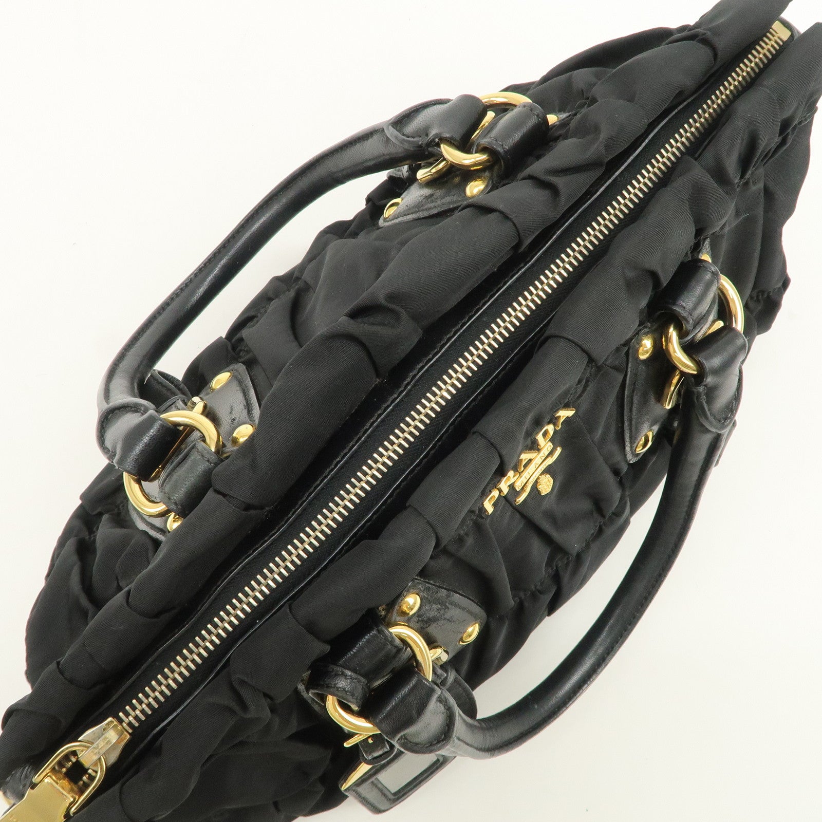 PRADA Nylon Leather Gathered 2Way Hand Shoulder Bag Black BN1407