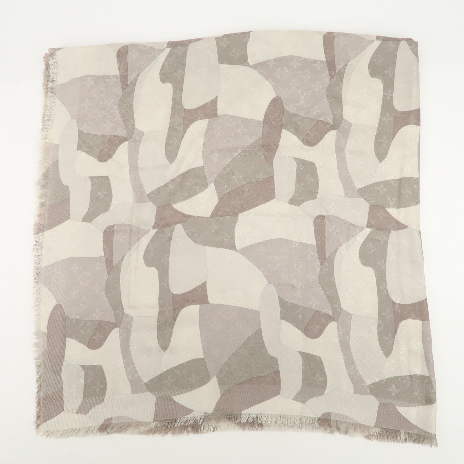 Louis Vuitton Monogram Silk Wool Shawl Scarf Camouflage Gray M75397