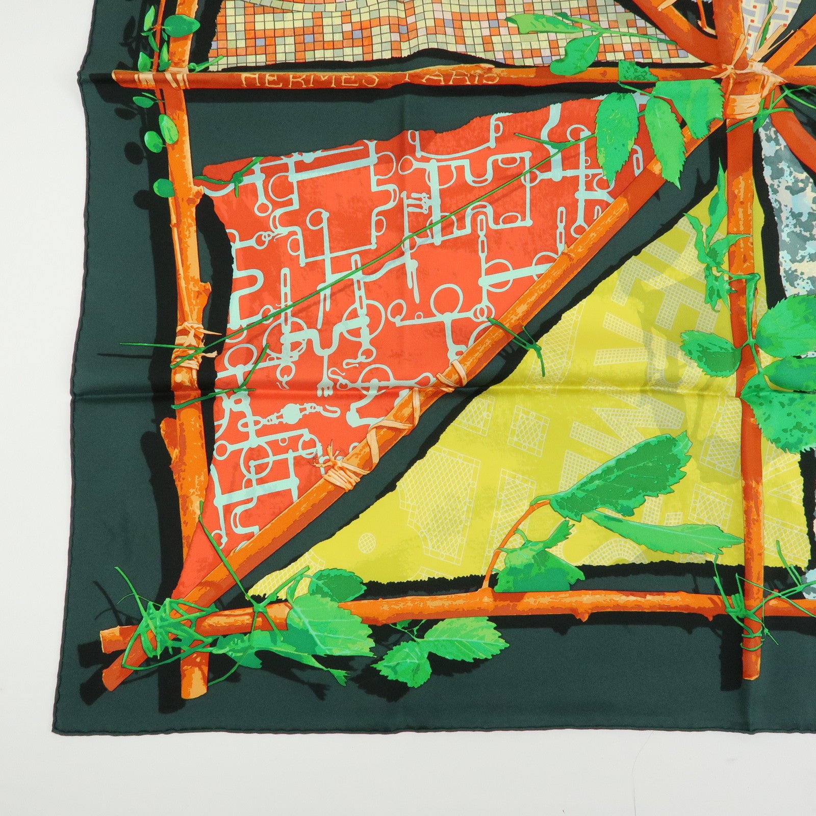 HERMES Carre 90 Silk 100% Scarf LE ROBINSON CHIC Green Brown