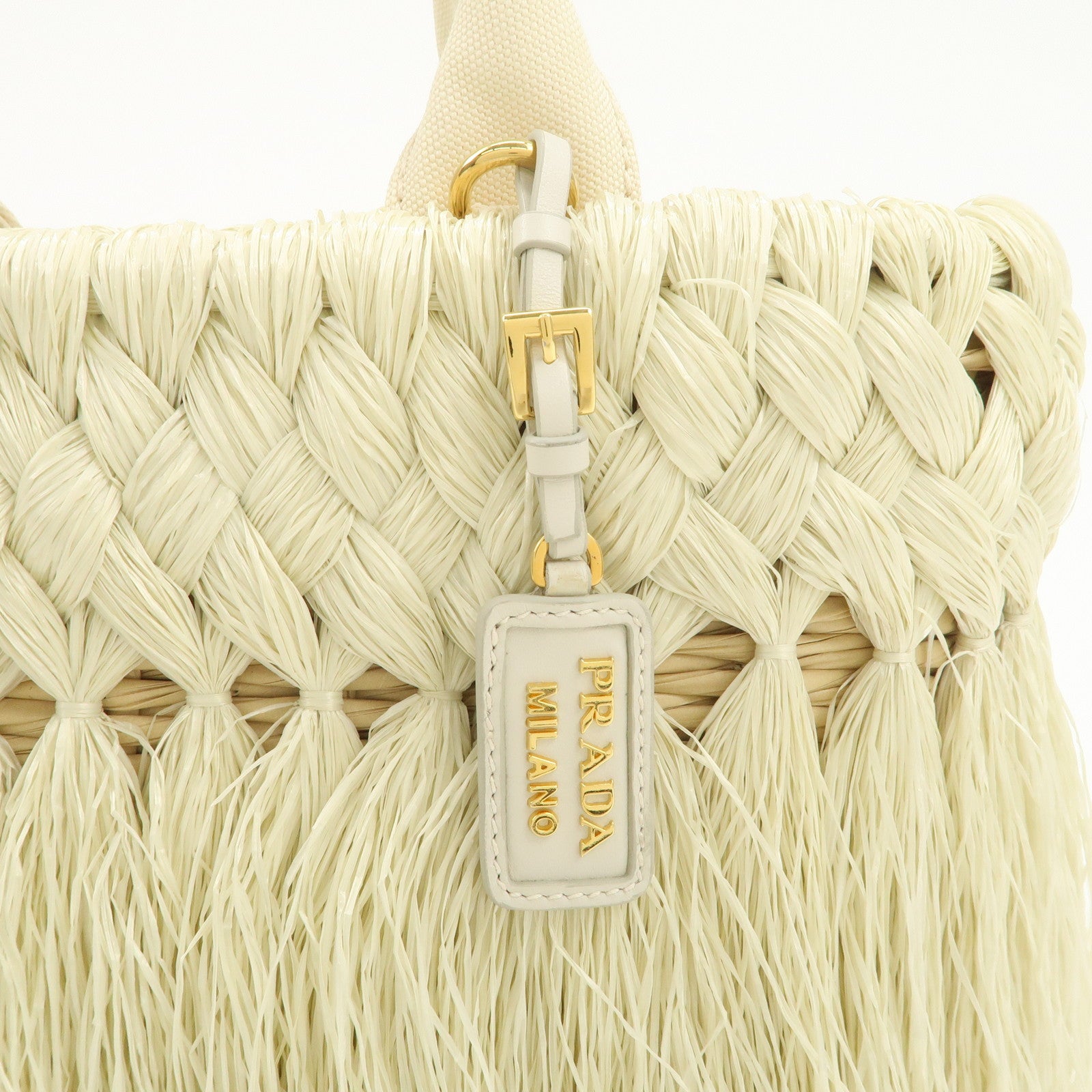 PRADA Logo Raffia Canvas Straw Hand Bag White Gold Charm1BG089