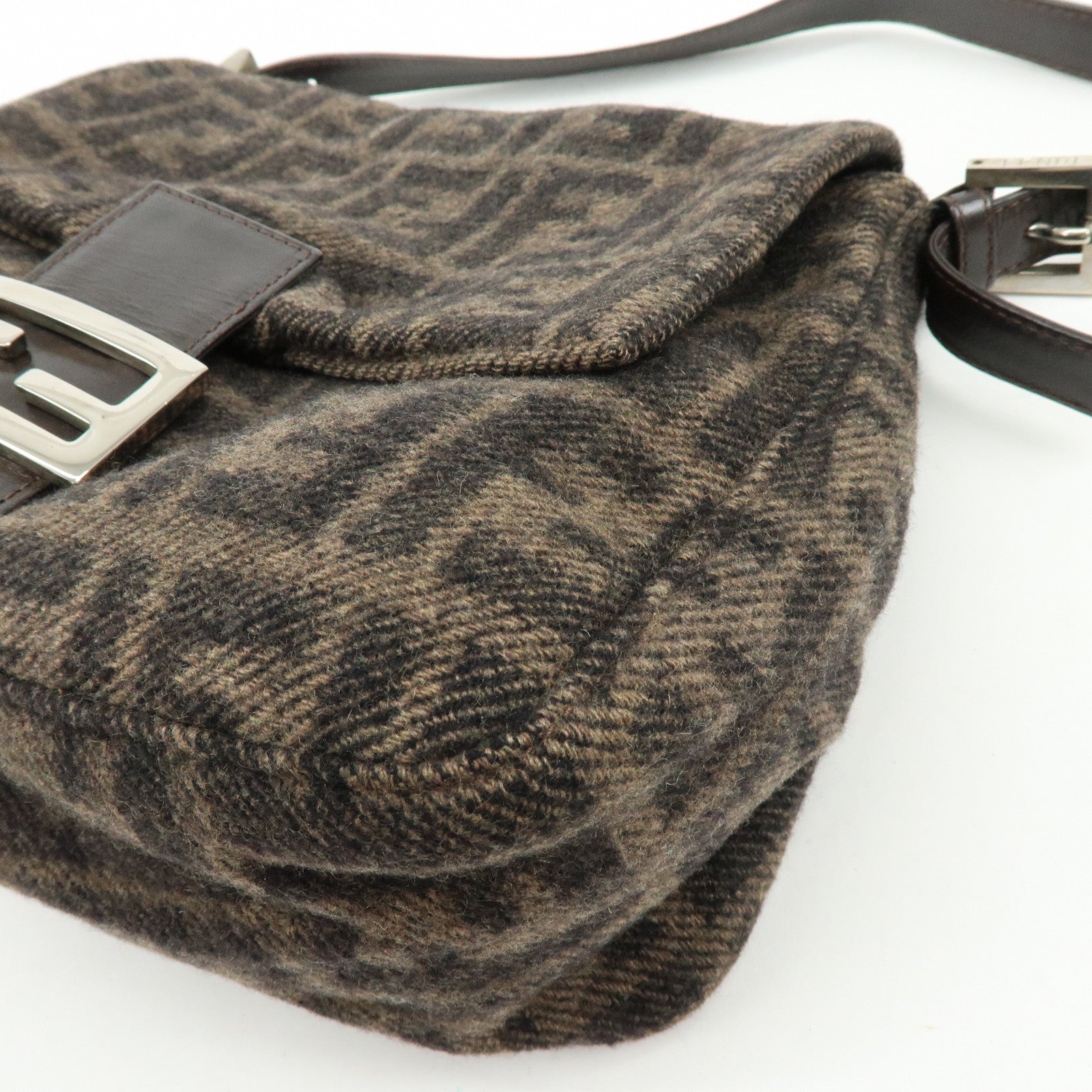 FENDI Mamma Baguette Zucca Wool Leather Shoulder Bag Brown 26325
