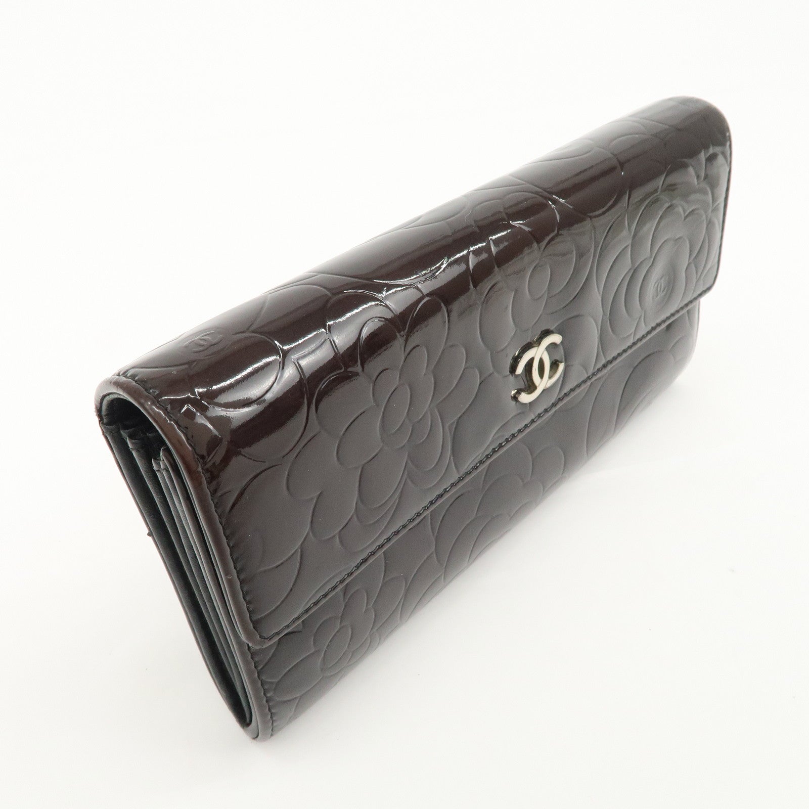 CHANEL COCO Mark Camellia Bi-fold Long Wallet Dark Brown A82283