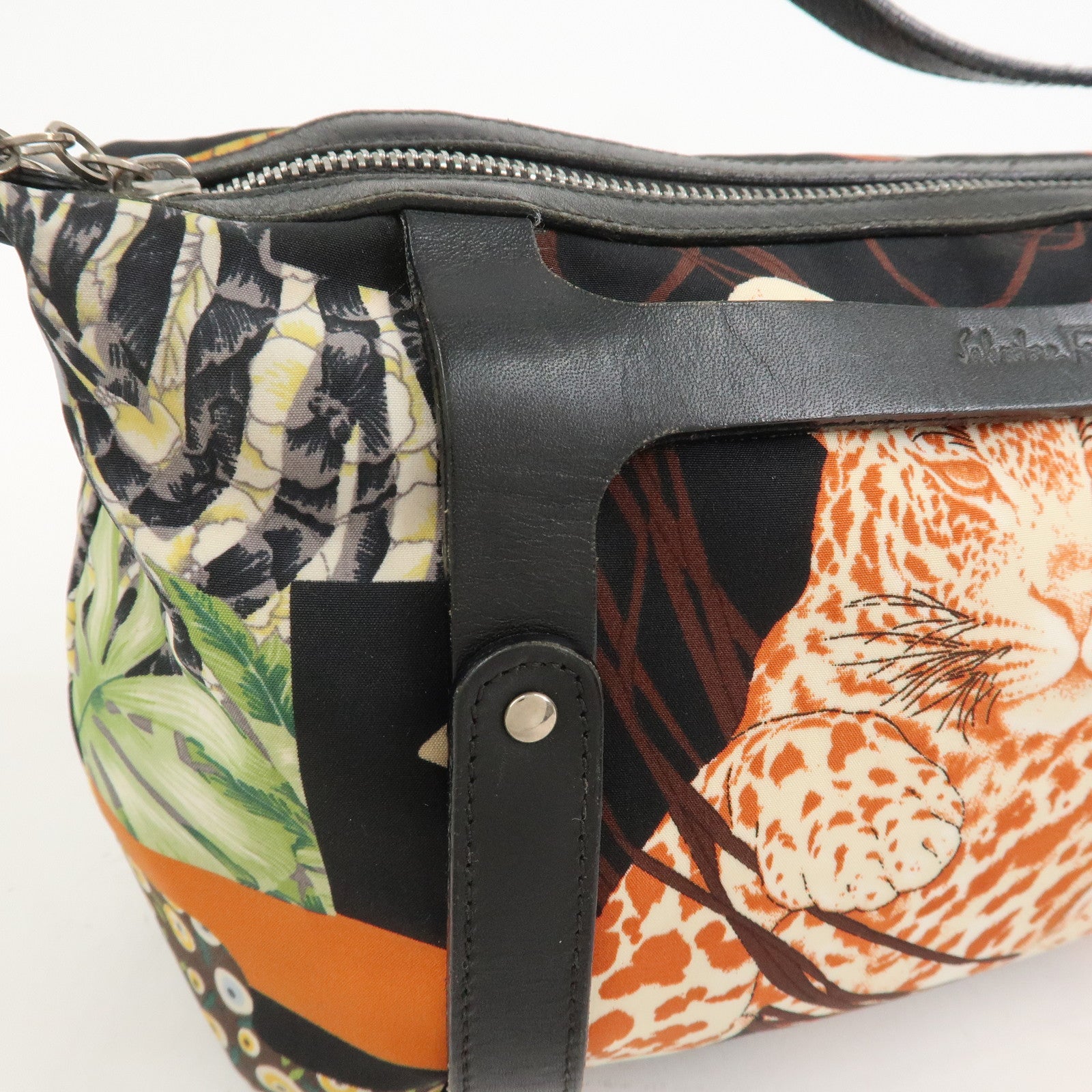 Ferragamo Nylon Leather Mini Hand Bag Shoulder Bag Animal Black