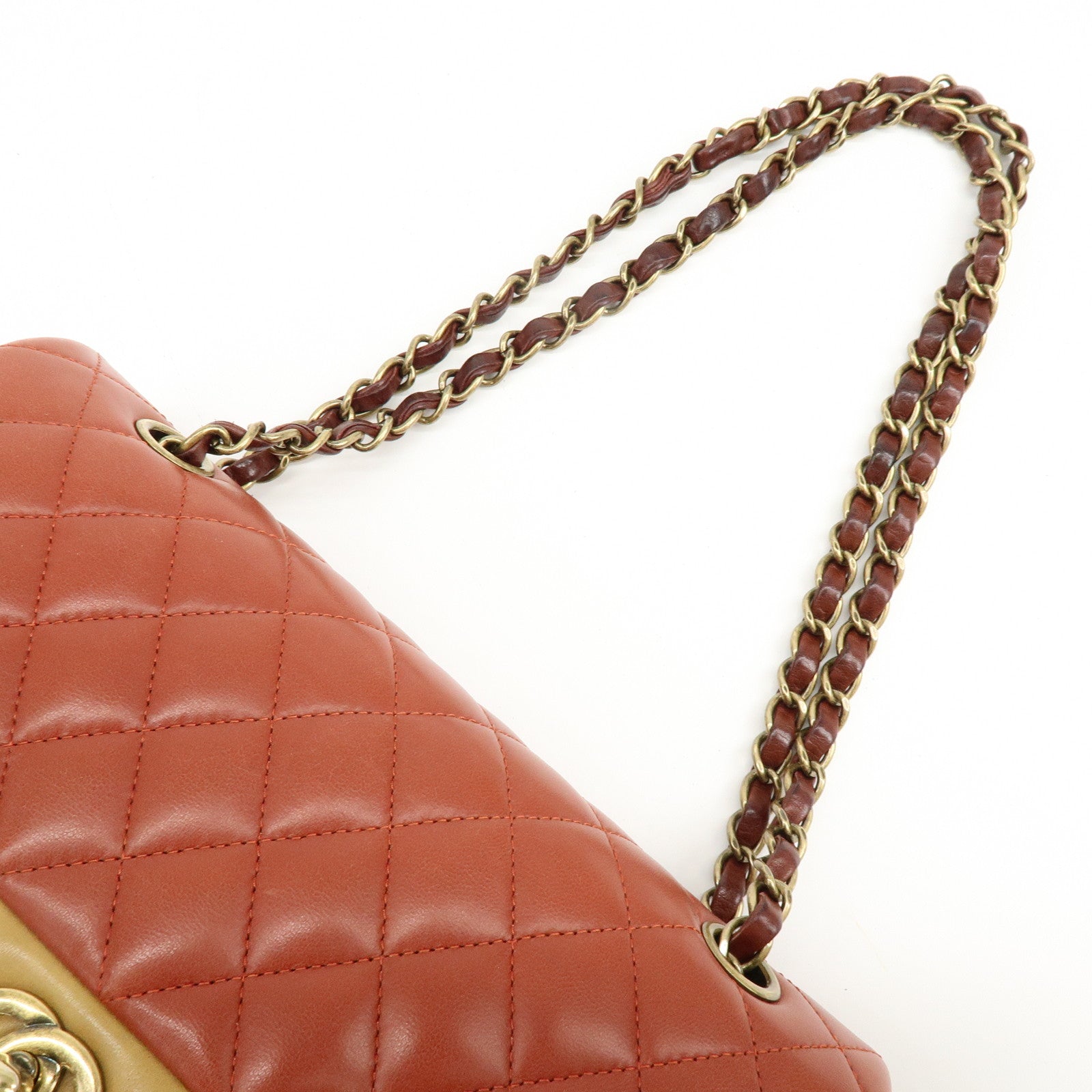 CHANEL Matelasse 25 Double Flap Chain Shoulder Bag Red Brown A01112