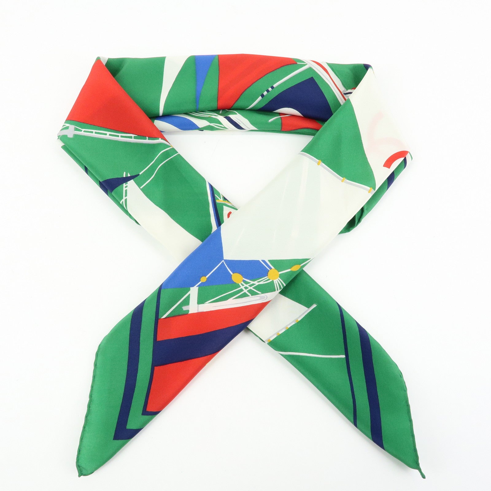 CHANEL COCO Mark Silk100% Scarf Green Navy White Red