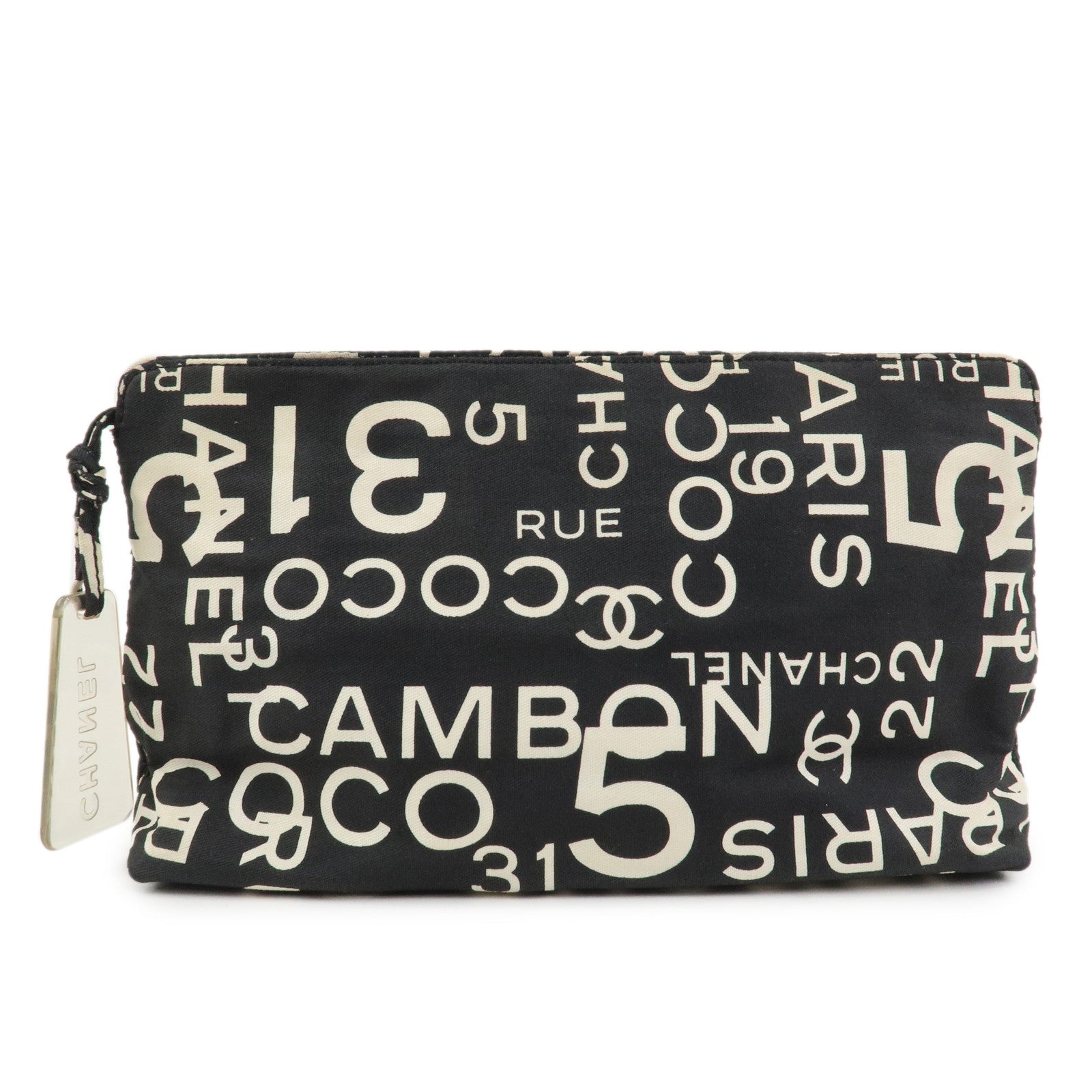 CHANEL By Sea Line Canvas Clutch Bag Cosmetic Pouch Black White