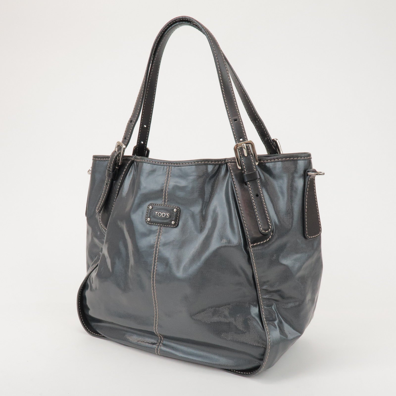 TOD'S PVC Coated Canvas Leather Tote Bag Hand Bag Black