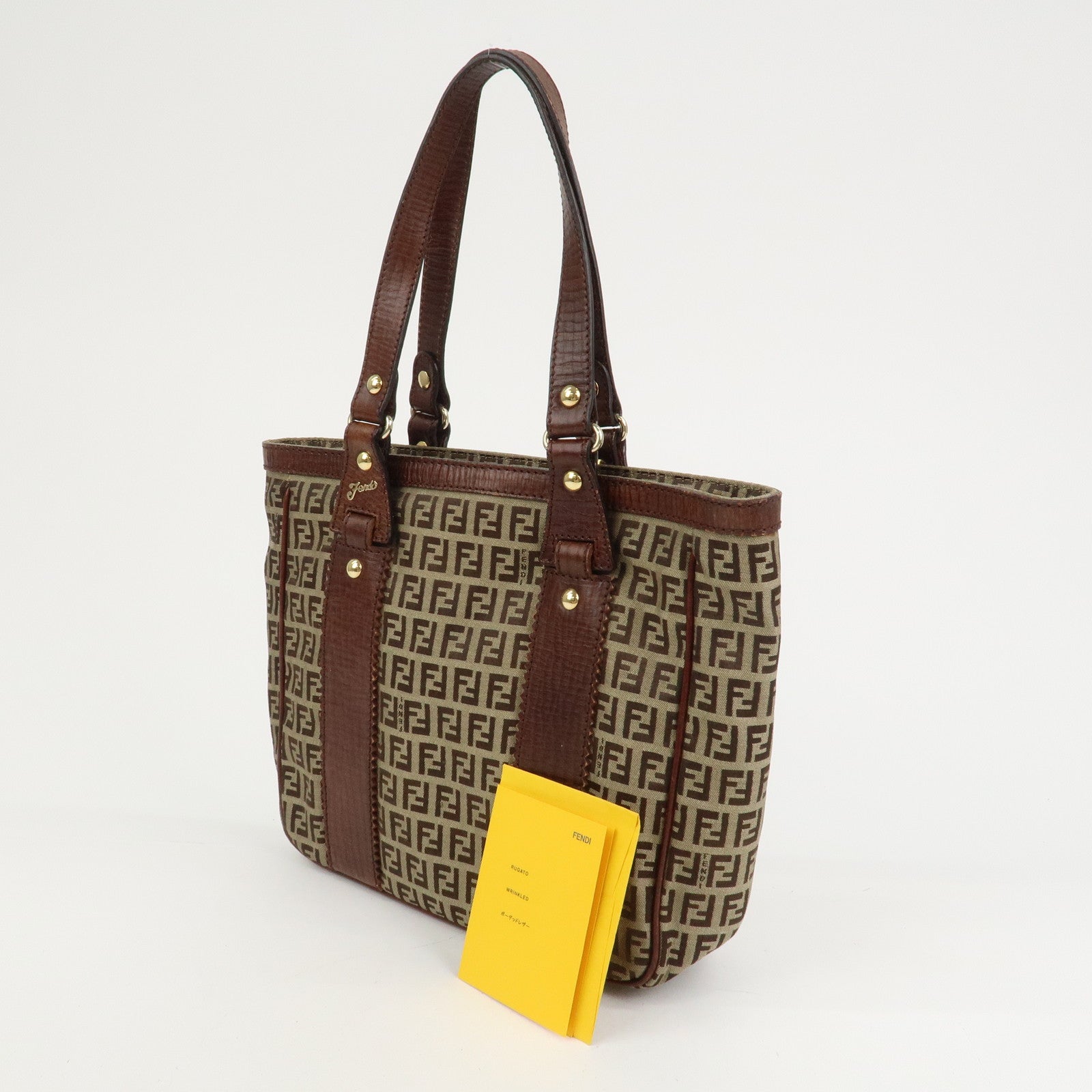 FENDI Zucchino Canvas Leather Tote Bag Shoulder Bag Brown 8BH161