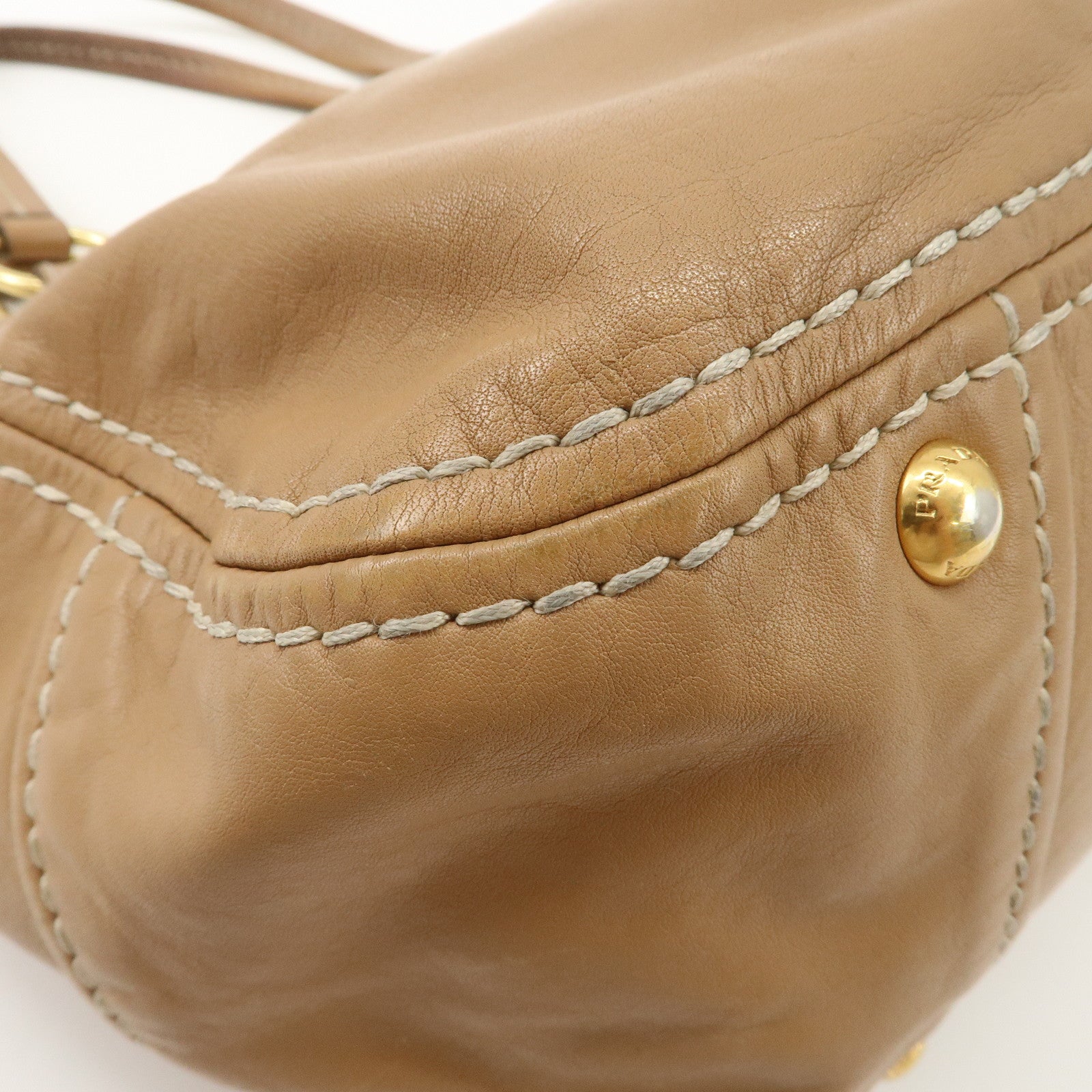 PRADA Leather Shoulder Bag Hand Bag Shoulder Bag Beige Gold BR4691 Used