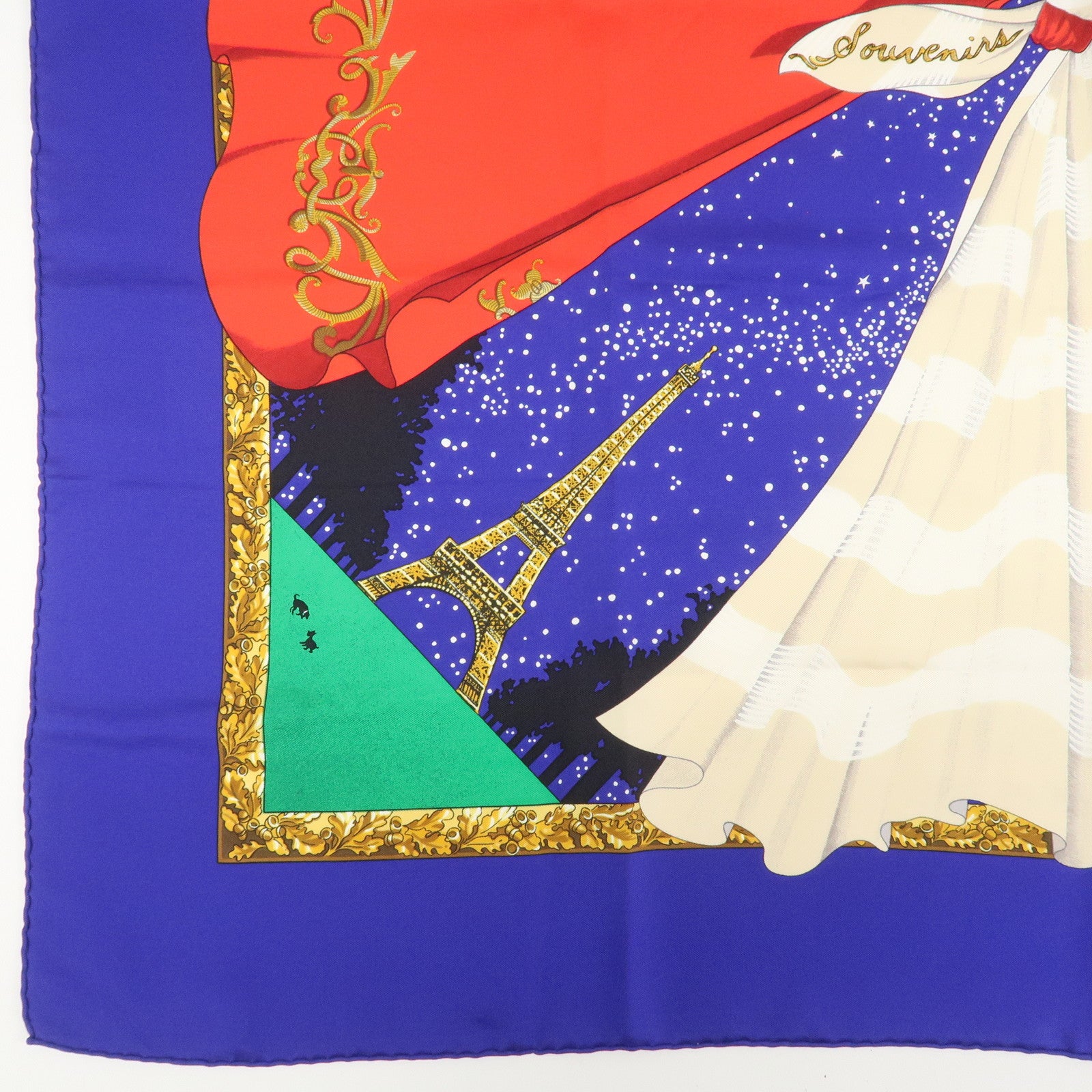 HERMES Carre 90 Silk 100% Scarf Souvenirs de Paris Blue Red Ivory