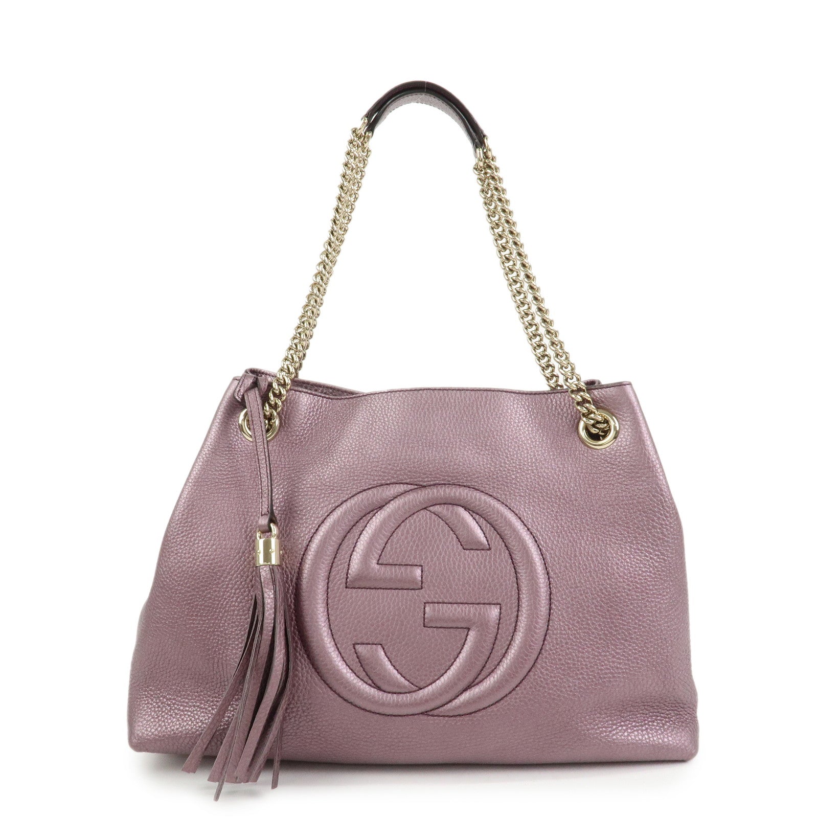GUCCI SOHO Logo Leather Chain Shoulder Bag Metallic Purple 308982