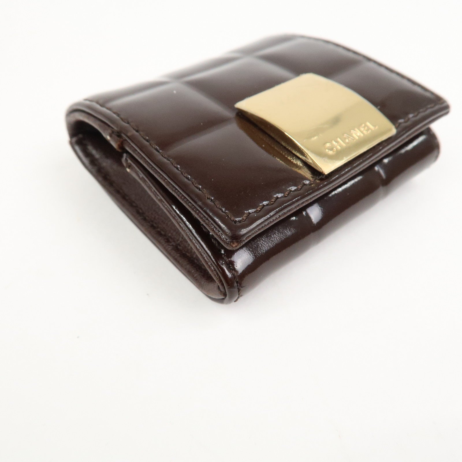 CHANEL Chocolate Bar Patent Leather Coin Case Coin Purse Brown