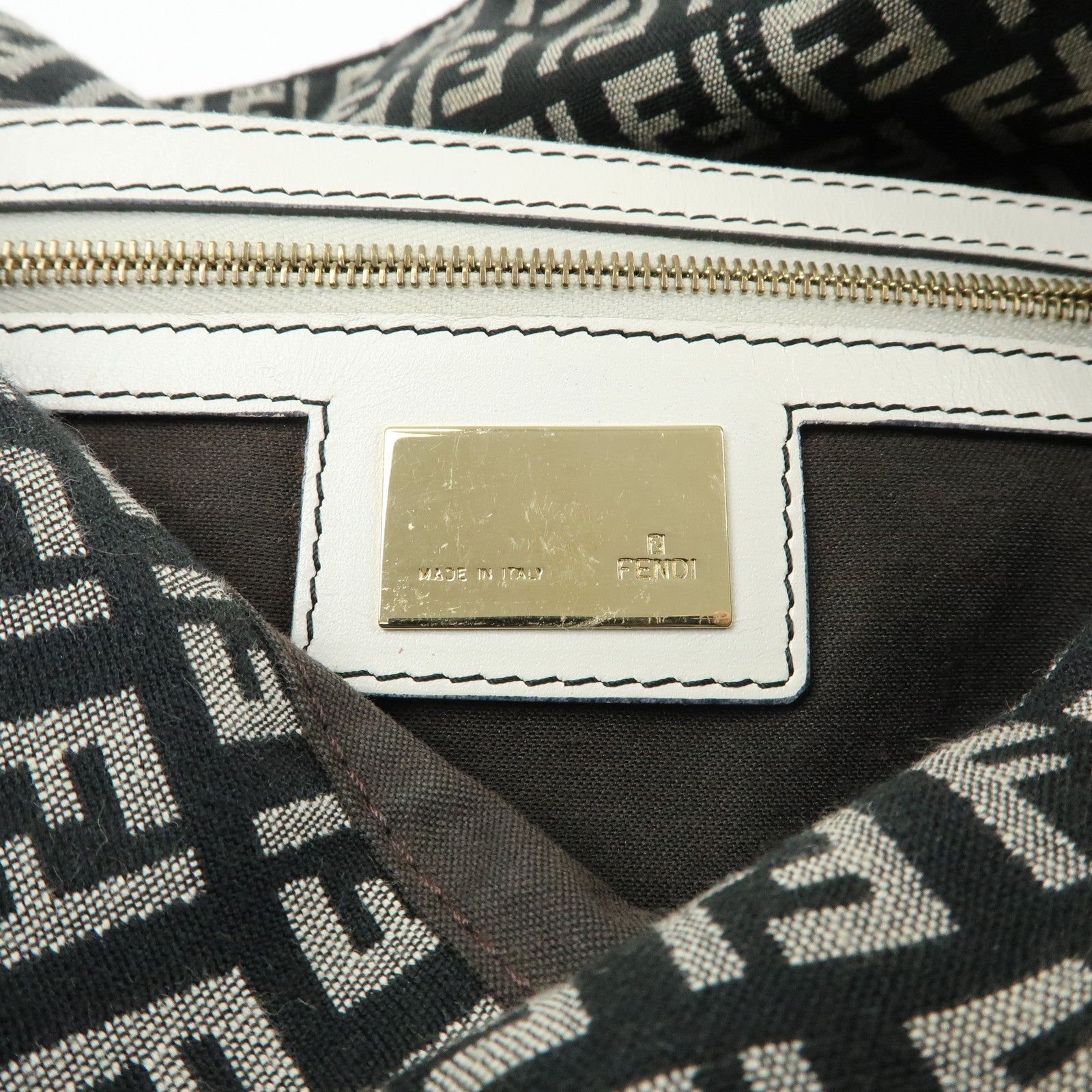 FENDI Zucchino Canvas Leather Shoulder Hand Bag Black White 8BR003