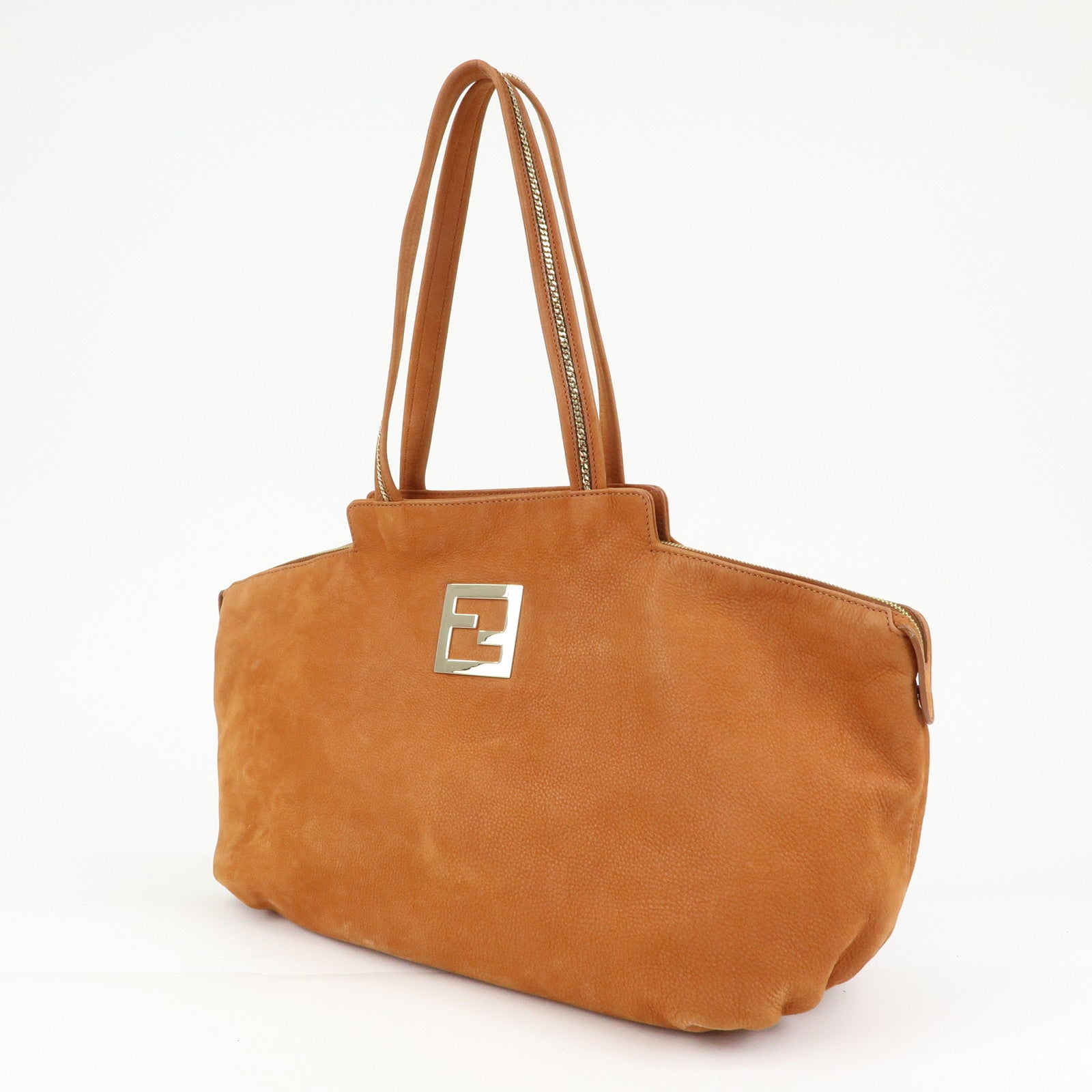 FENDI Leather LAMPO Tote Bag Shoulder Bag Camel Brown 8BR636