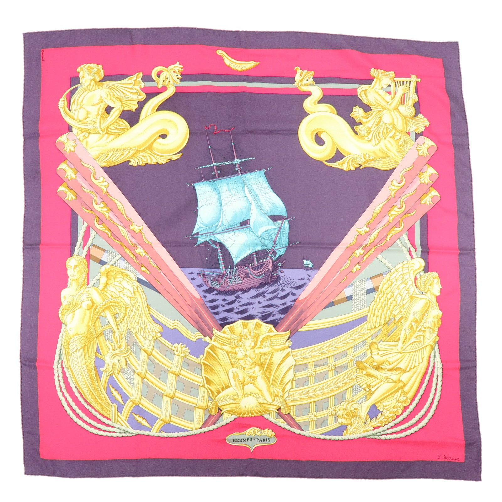HERMES Carre 90 Silk 100% Scarf Lephyr Sailingship Purple Pink