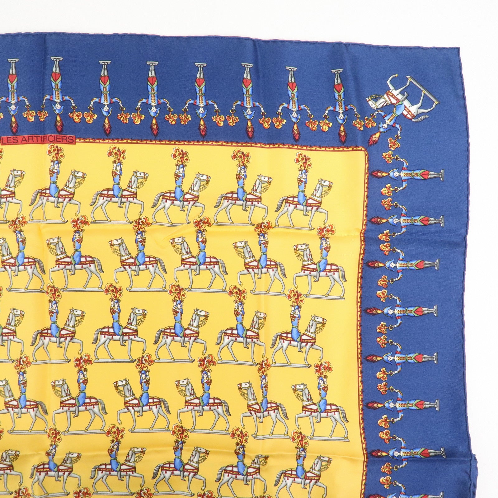 HERMES Carre 90 Silk 100% Scarf Les Artificiers Navy Yellow