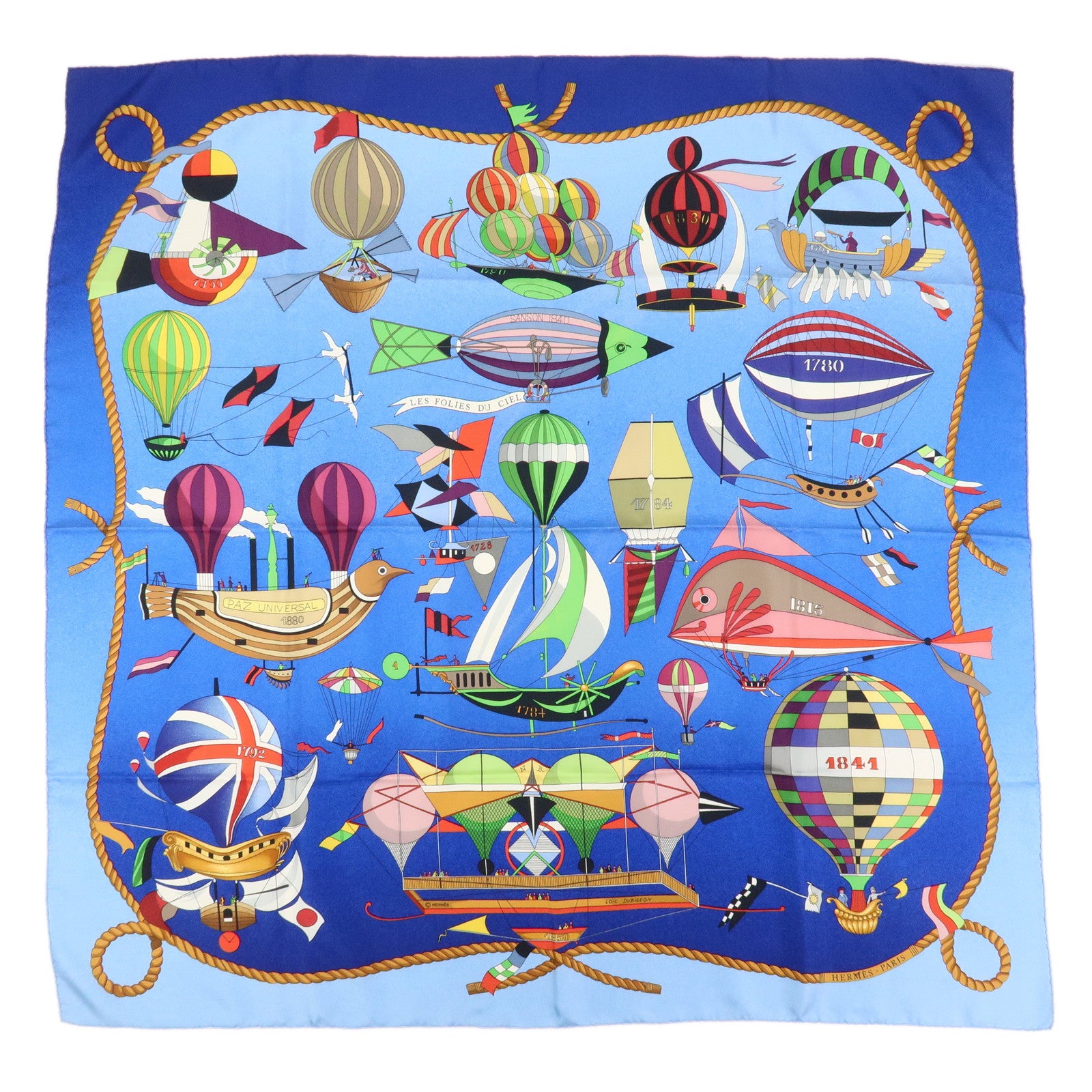 HERMES Carre 90 Silk 100% Scarf LES FOLIES DU CIEL Blue Multicolor