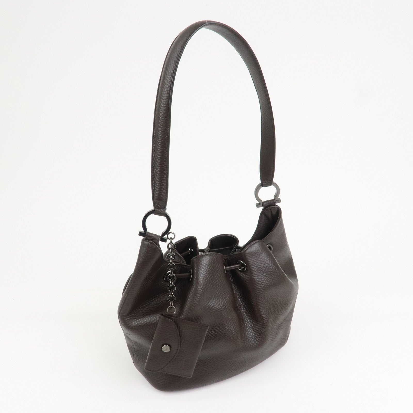 Ferragamo Gancini Leather Shoulder Bag Hand Bag Brown