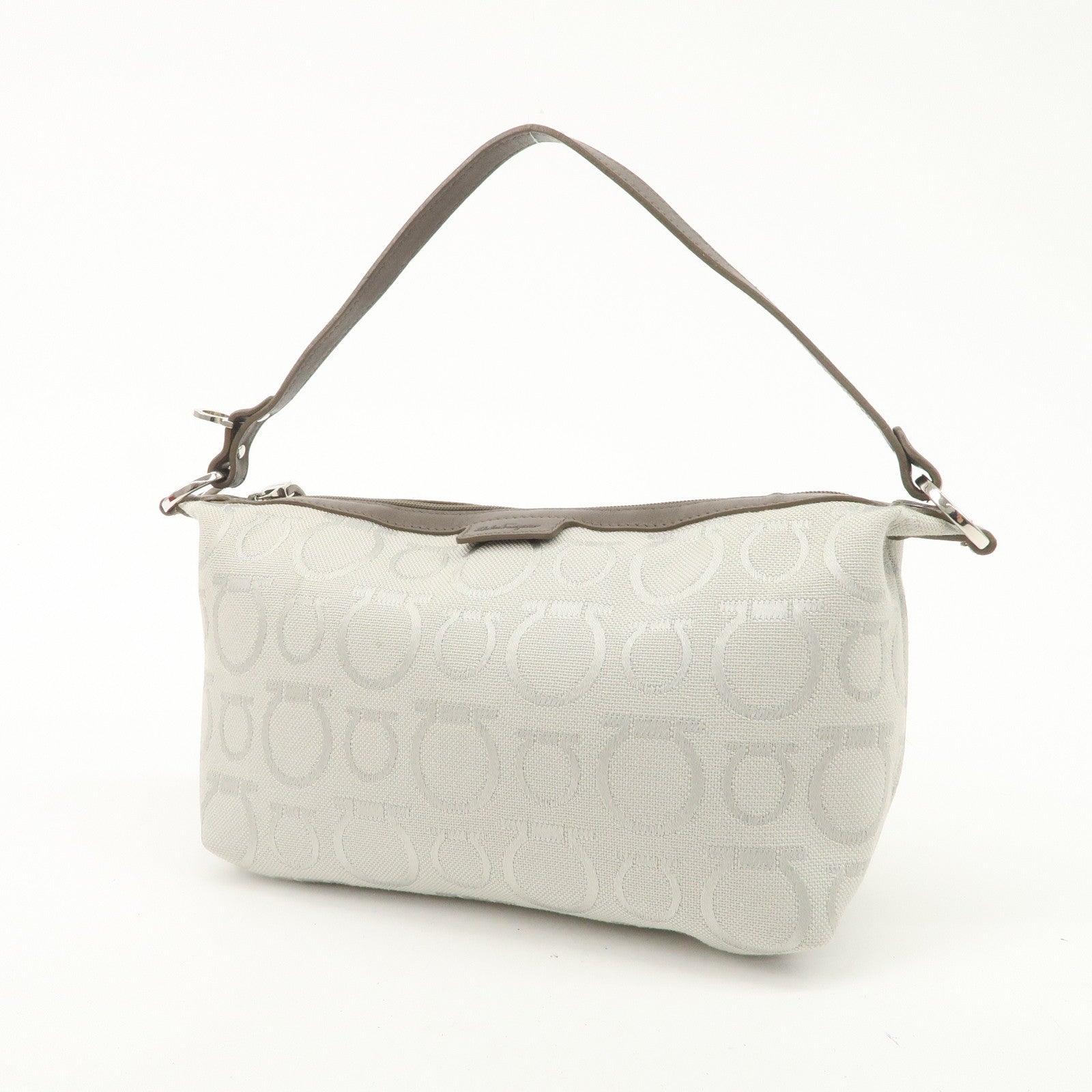 Ferragamo Gancini Leather Canvas Shoulder Bag Brown Silver Used