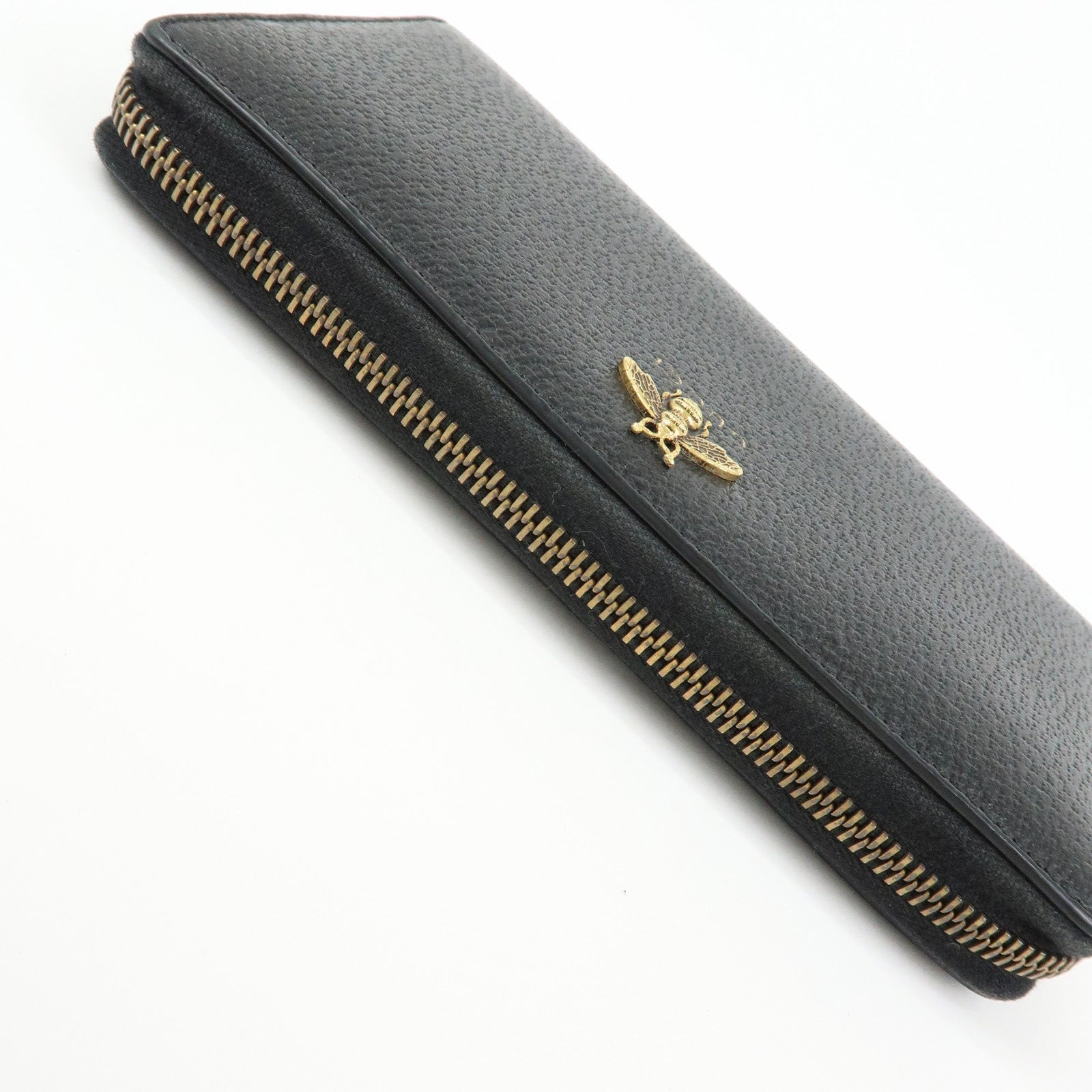 GUCCI Animalier Bee Leather Zip-Around Long Wallet Black 523667