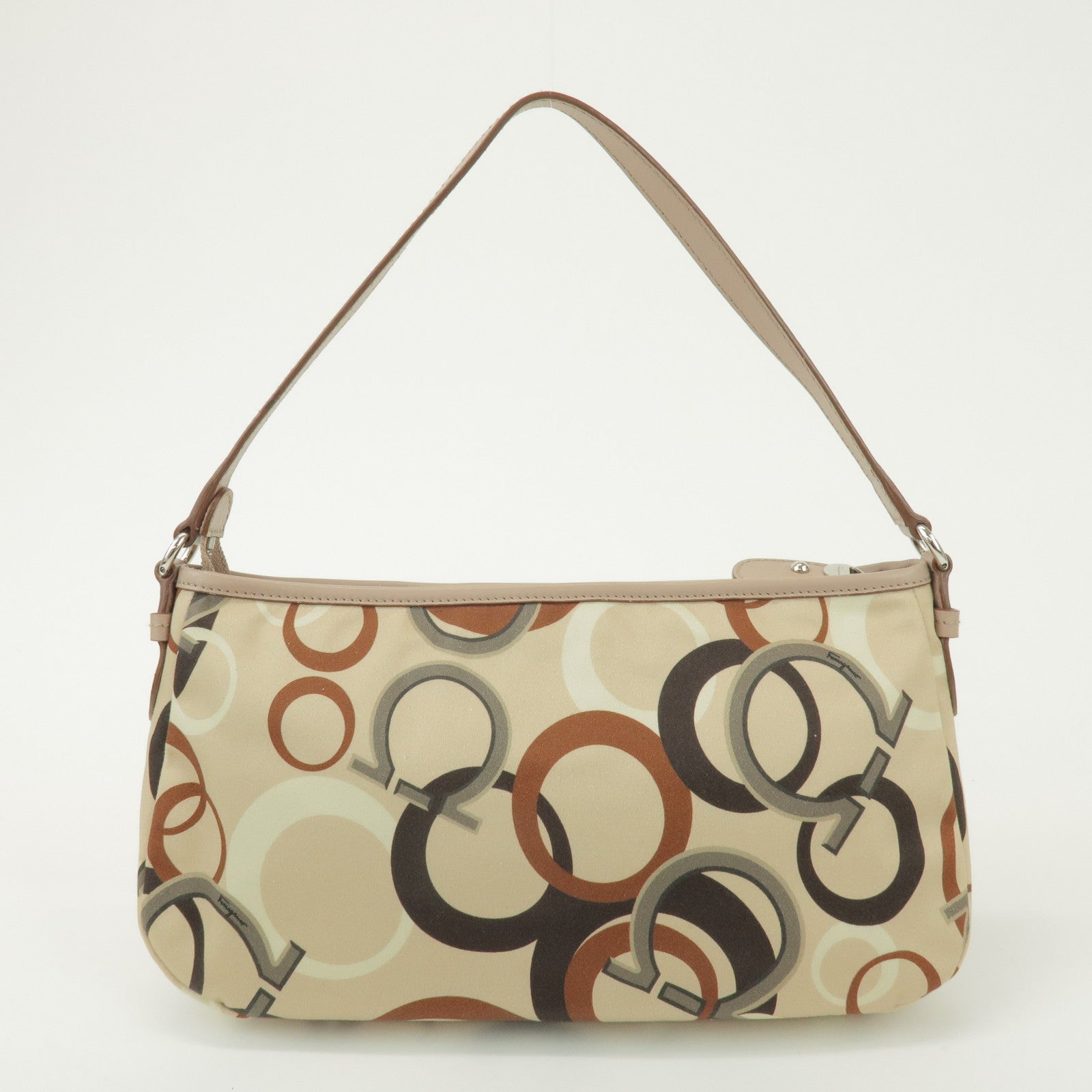 Ferragamo Gancini Nylon Leather Hand Bag Shoulder Bag Beige Brown