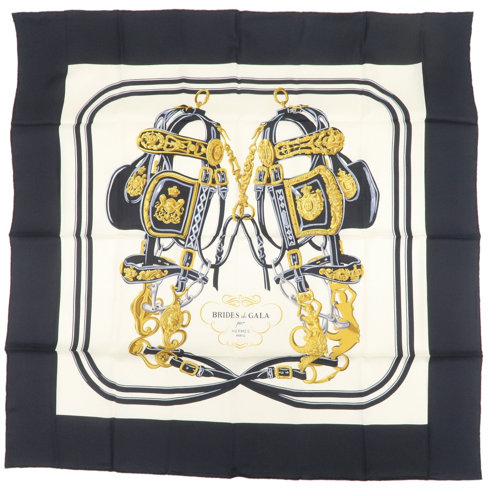 HERMES Carre 90 Silk 100% BRIDES DE GALA Scarf Black Gold