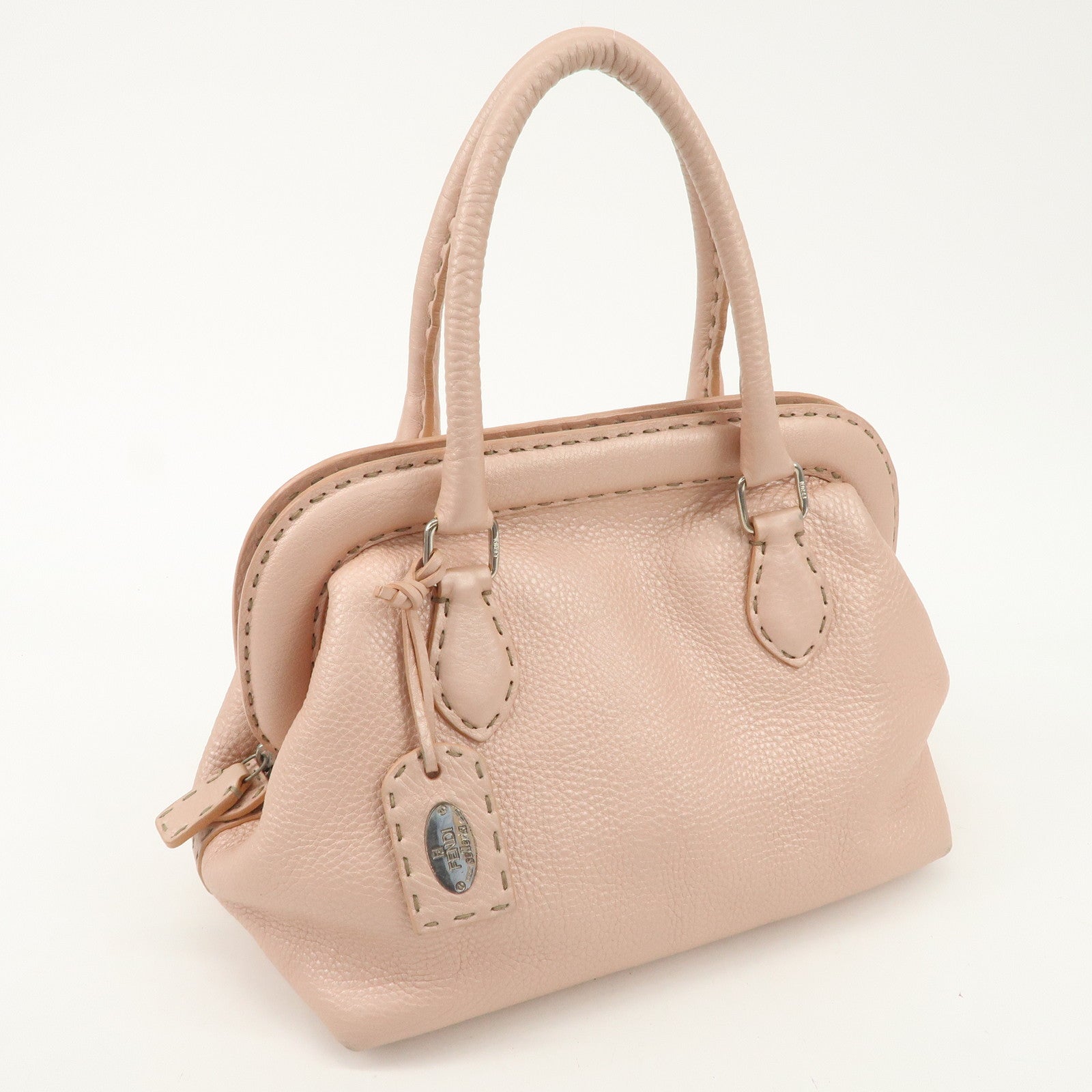 FENDI Selleria Leather Boston Bag Hand Bag Pink 8BN127 Used