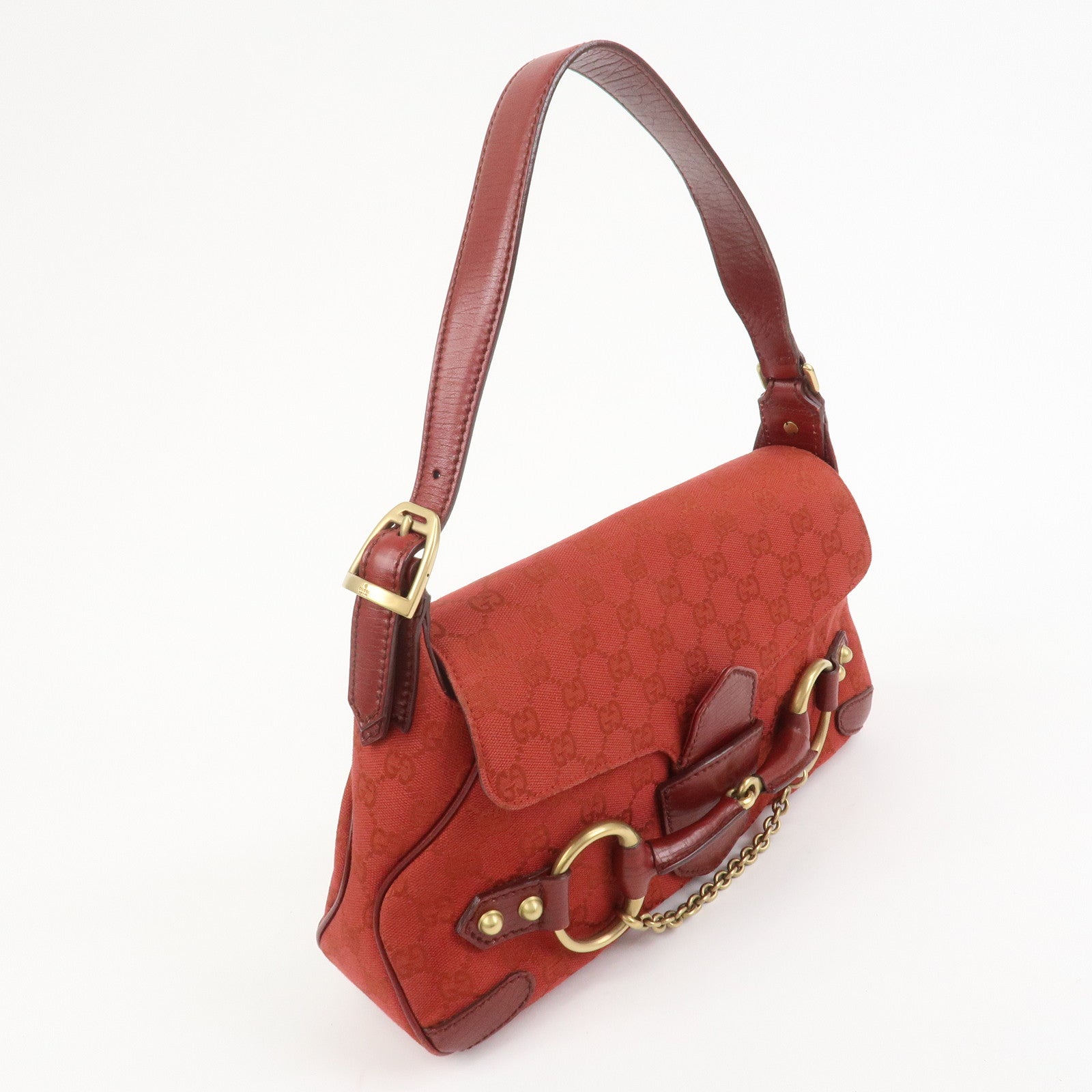 GUCCI Horsebit GG Monogram Canvas Leather Hand Bag Red