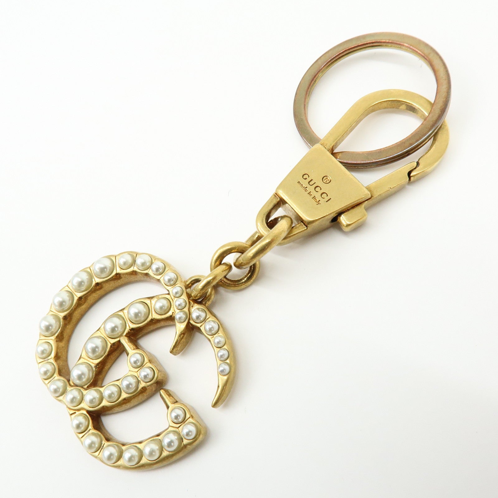 GUCCI GG Marmont Double G Metal Faux Pearl Bag Charm Gold 476428