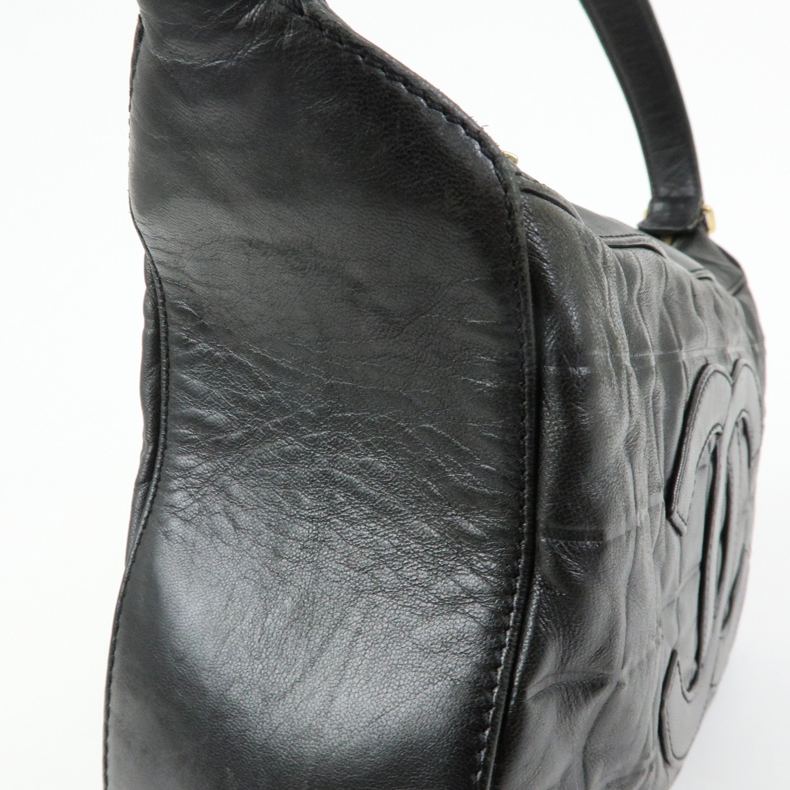 CHANEL Chocolate Bar COCO Mark Lamb Skin Hand Shoulder Bag Black