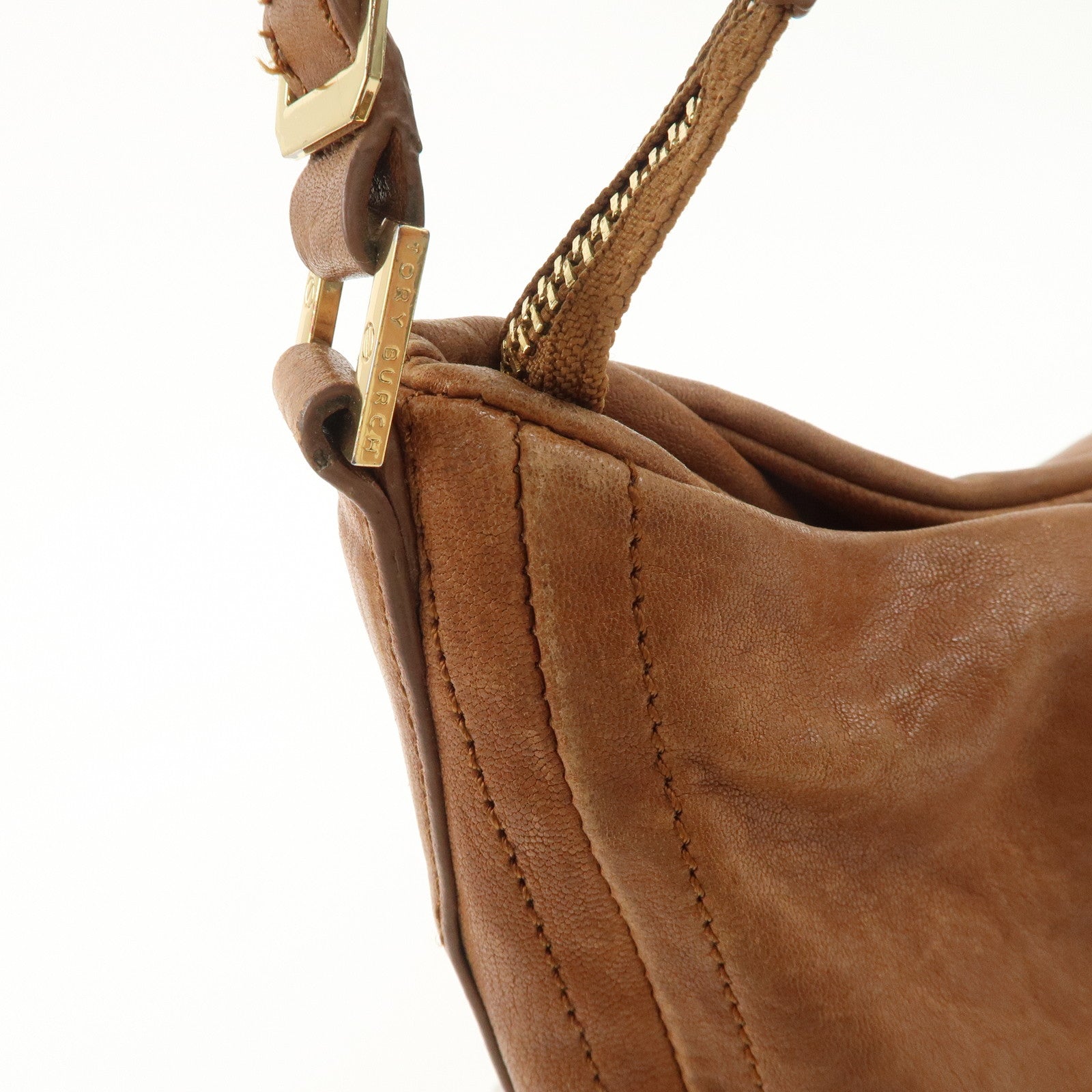 TORY BURCH Leather Shoulder Bag Brown Gold Hardware Used