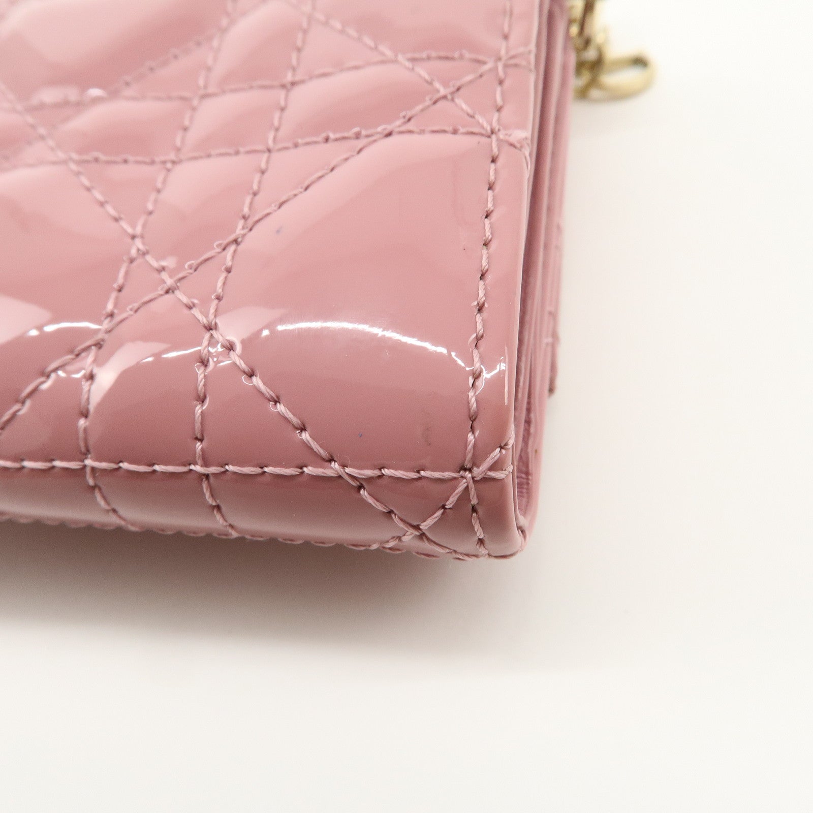 Christian Dior Lady Dior Cannage Patent Leather Tri-fold Wallet Pink Used