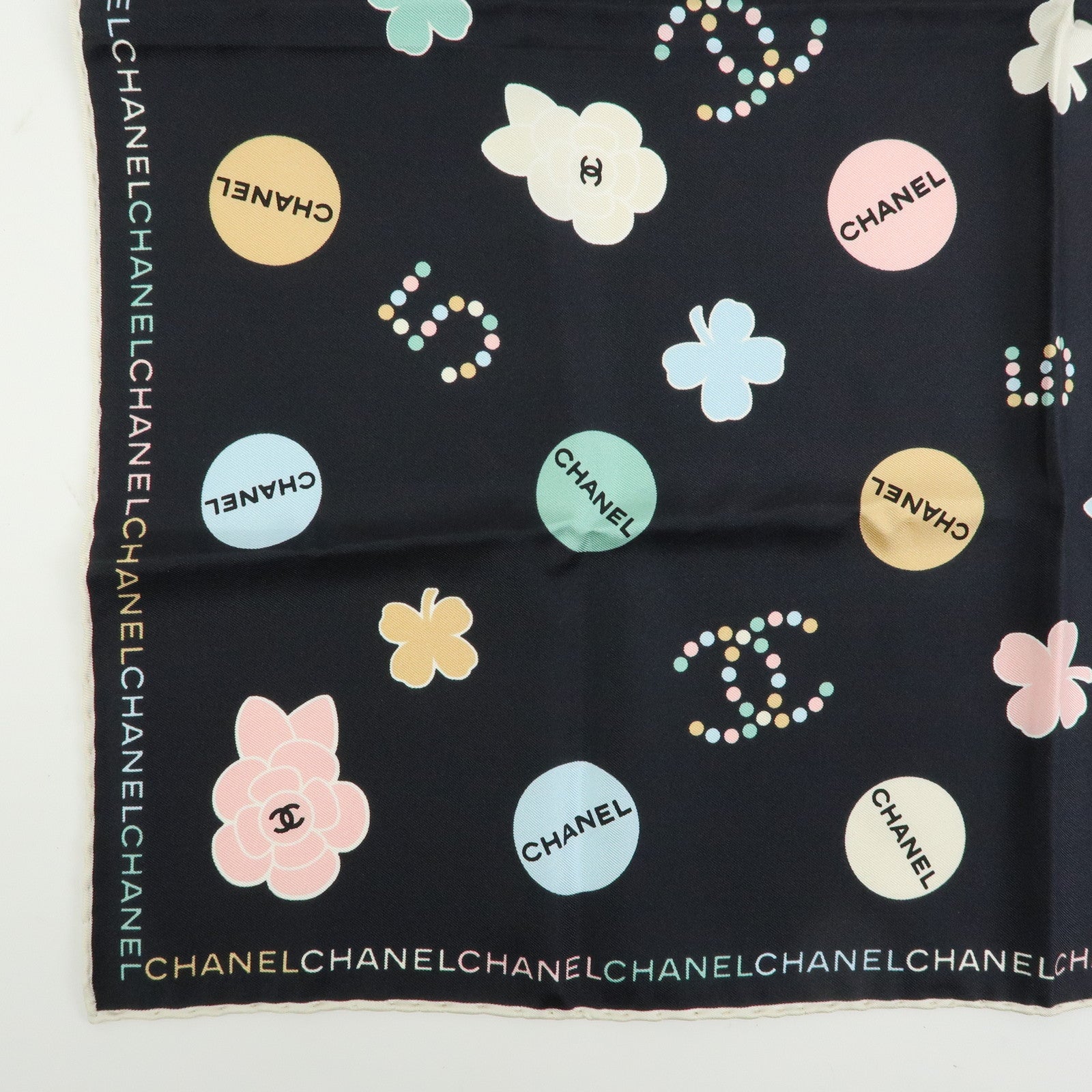 CHANEL No.5 Silk 100% Scarf Black Multicolor