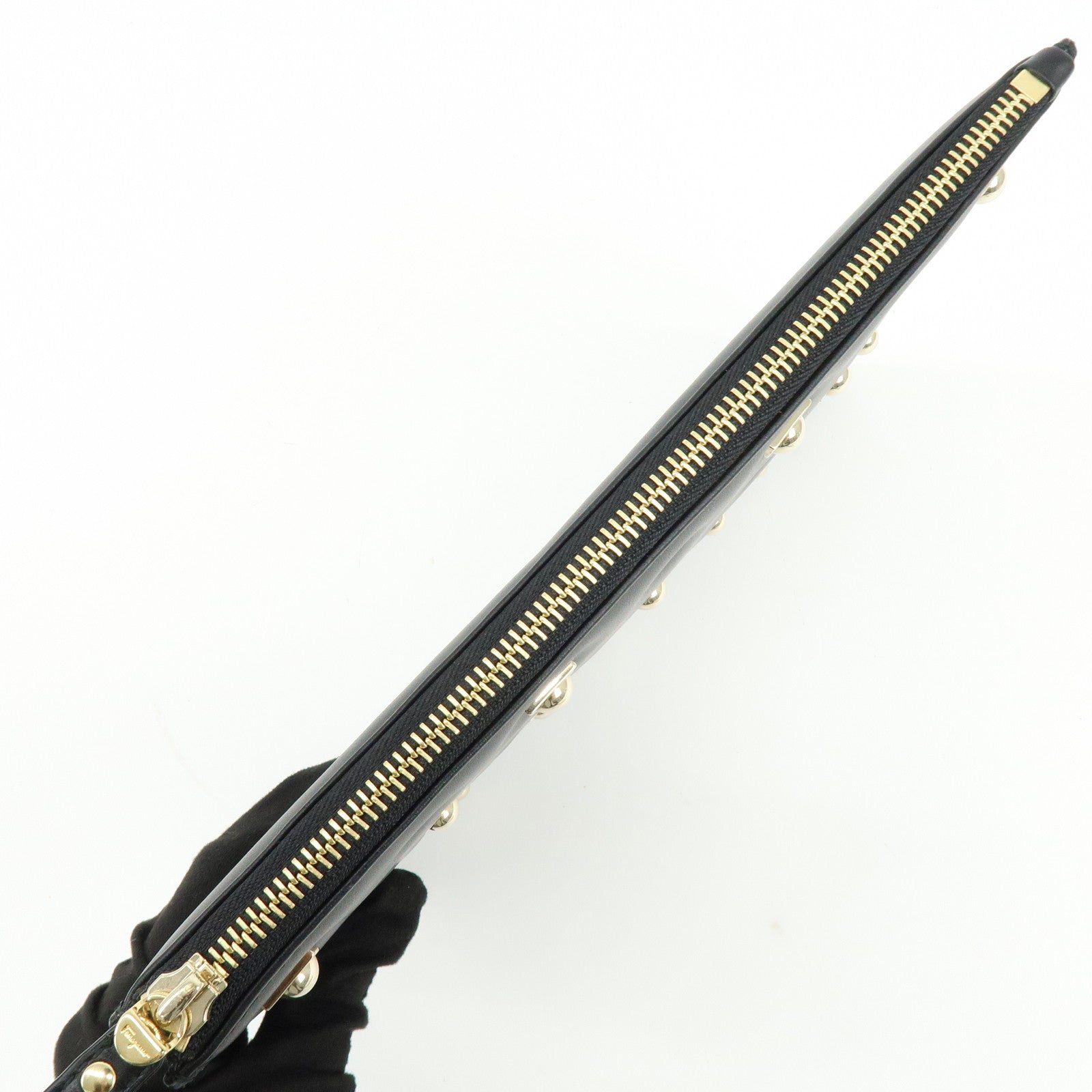 Ferragamo Gancini Leather Clutch Bag Pouch Cosmetic Bag Black