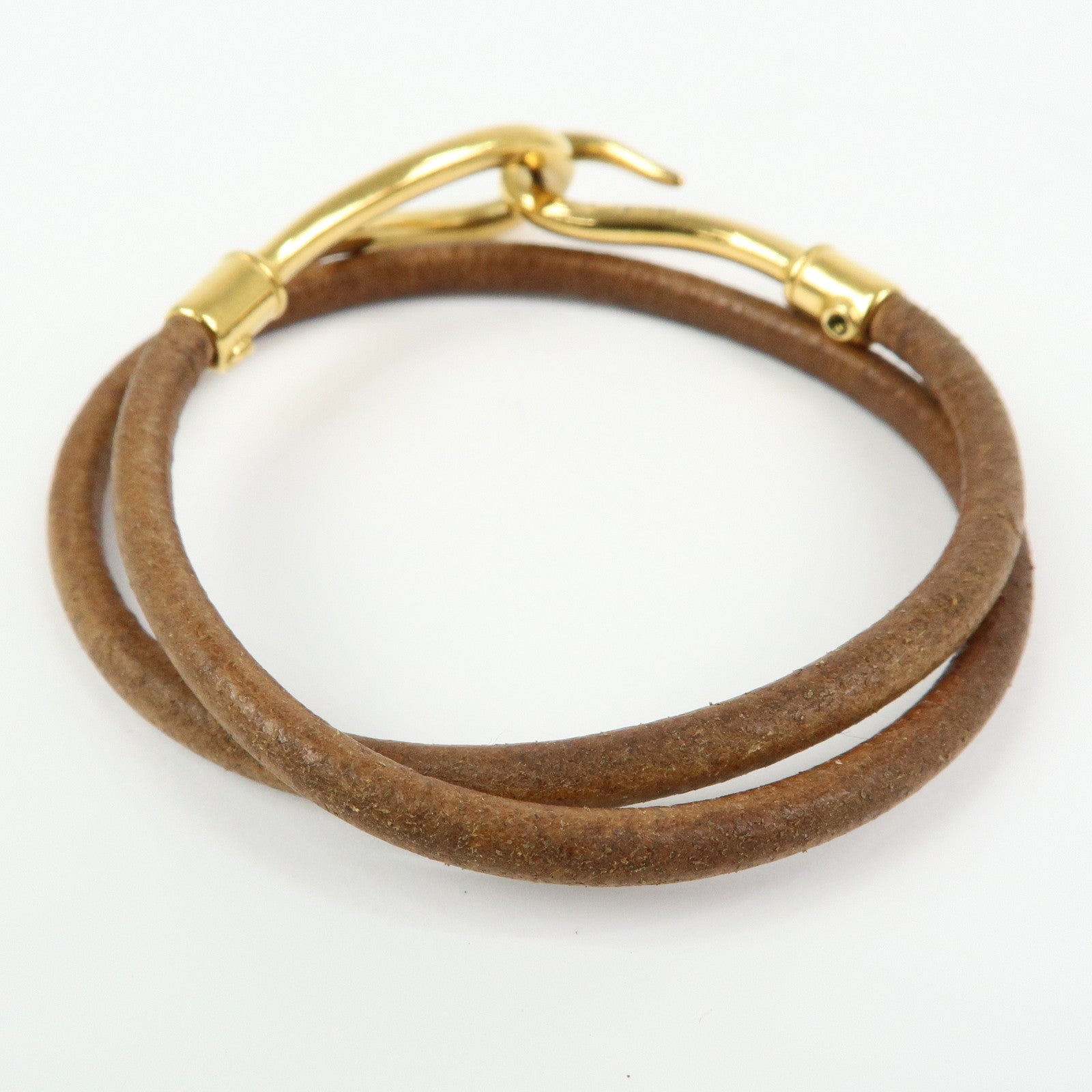HERMES Jumbo Choker Leather Metal Bracelet Gold Brown