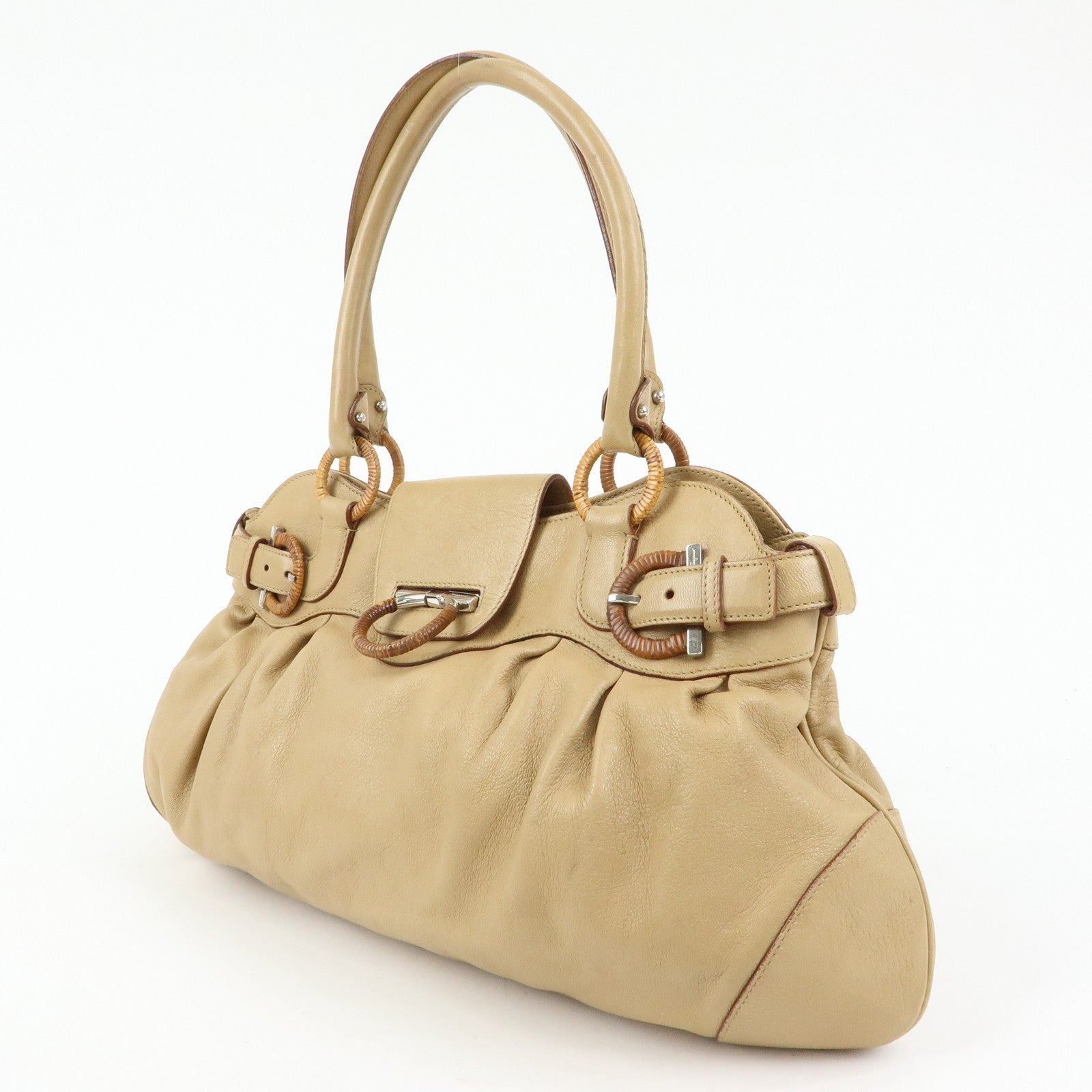 Ferragamo Gancini Leather Rattan Shoulder Bag Light Brown