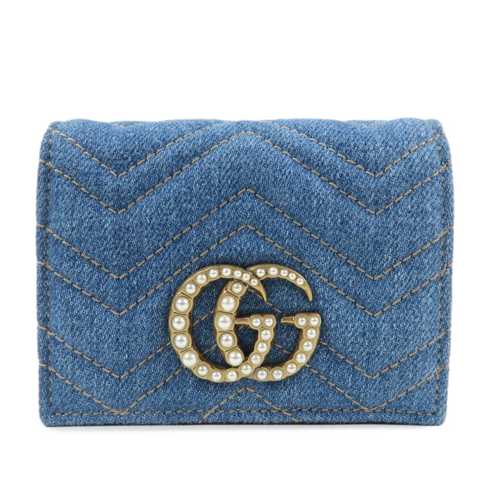 GUCCI GG Marmont Denim Leather Compact Bi-fold Wallet Blue 466492