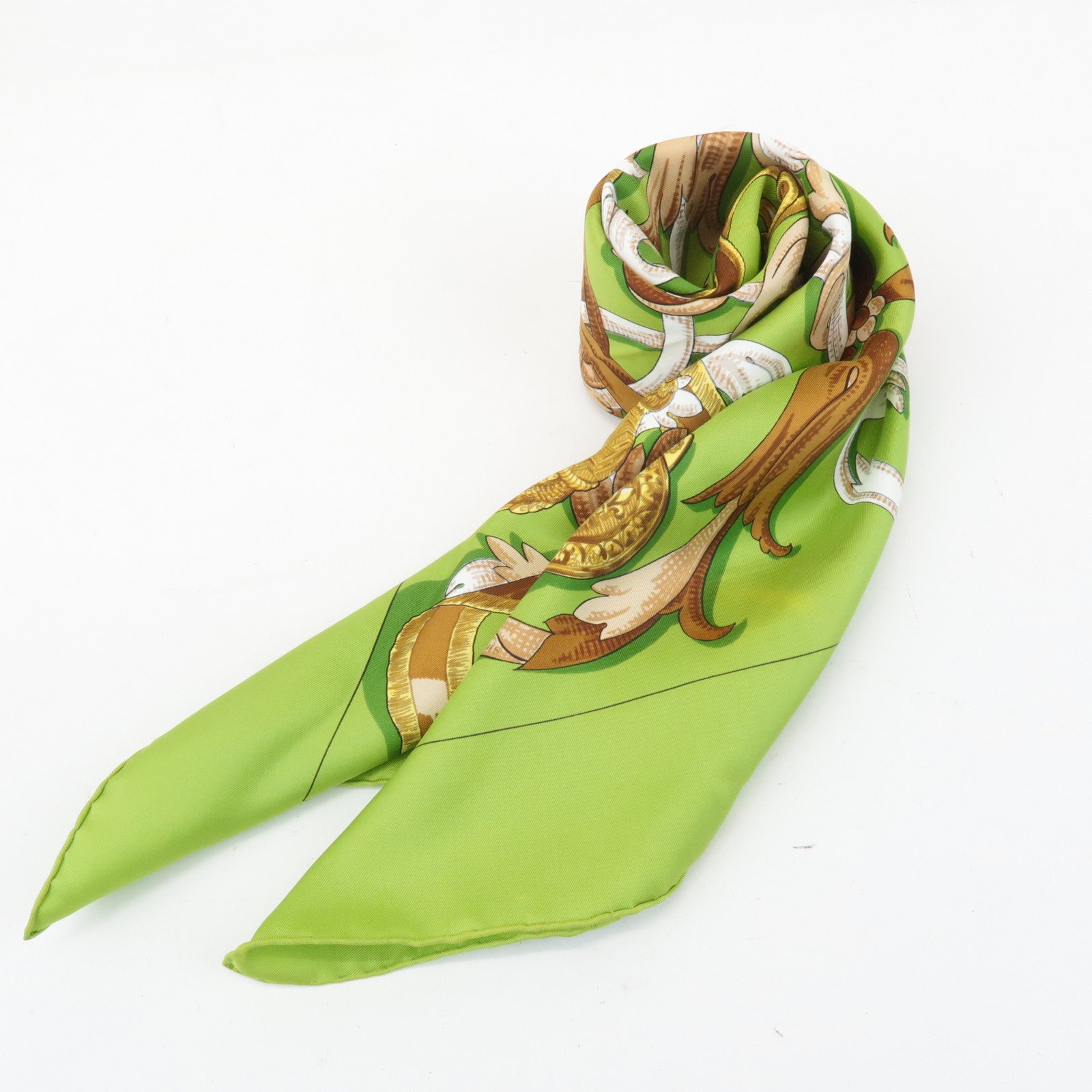 HERMES Carre 90 Silk 100% LE MORS A LA CONTETABLE Scarf Green Used