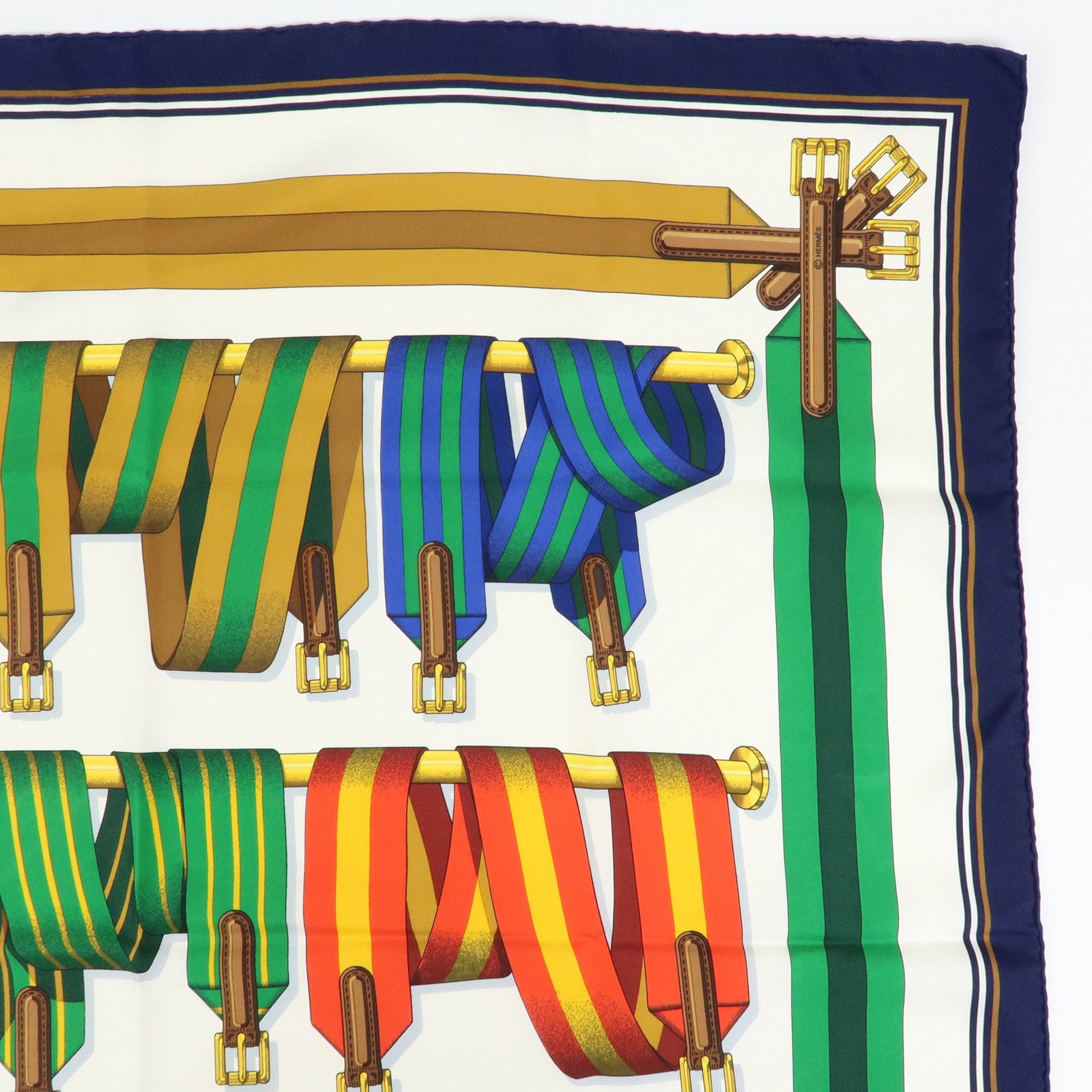 HERMES Carre 90 Silk 100% J.METZ Les Sangles Scarf Blue Green Red